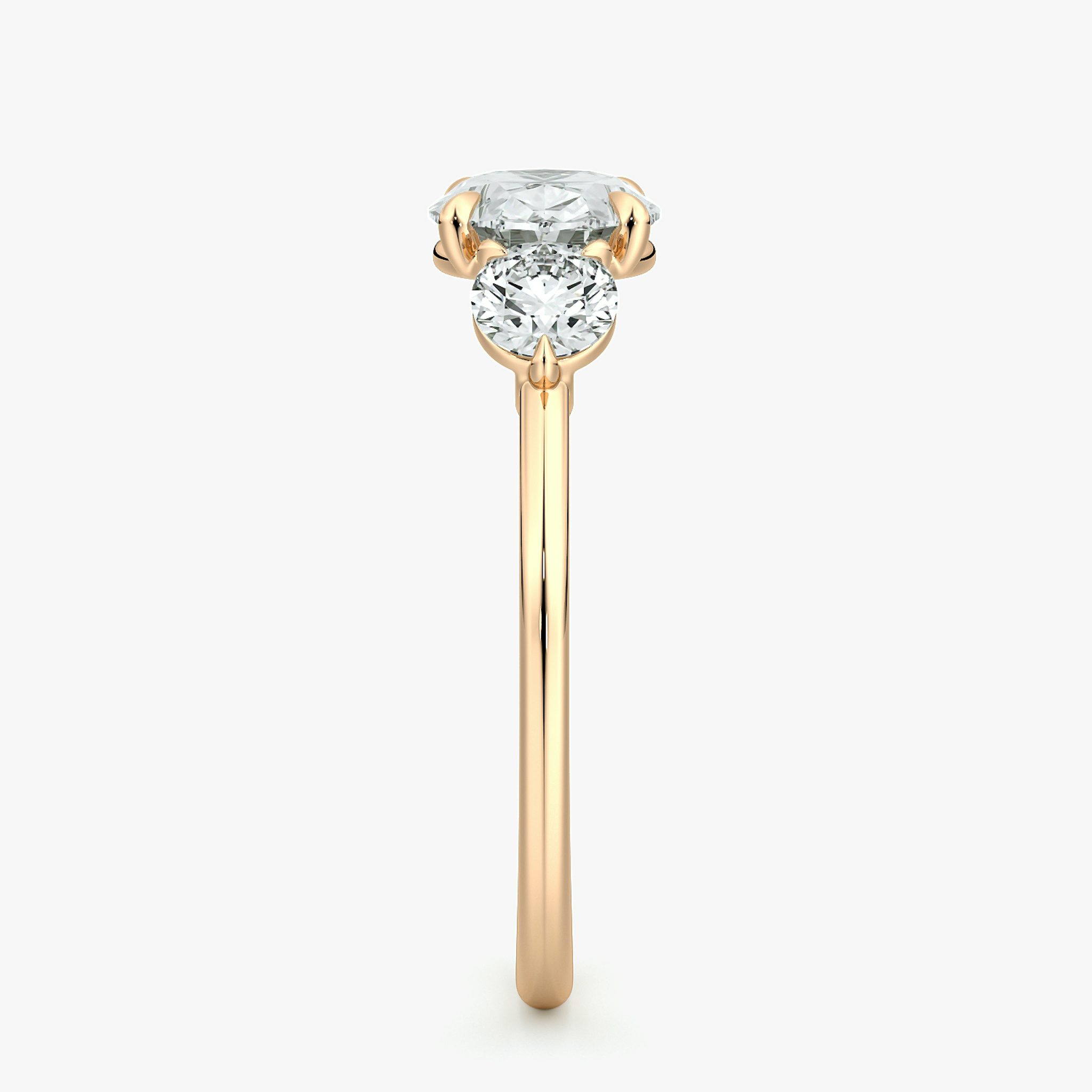The Three Stone | Oval | 14k | Rose Gold | bandAccent: Plain | diamondOrientation: horizontal | sideStoneCarat: 0.25ct | sideStoneShape: Round Brilliant | caratWeight: other