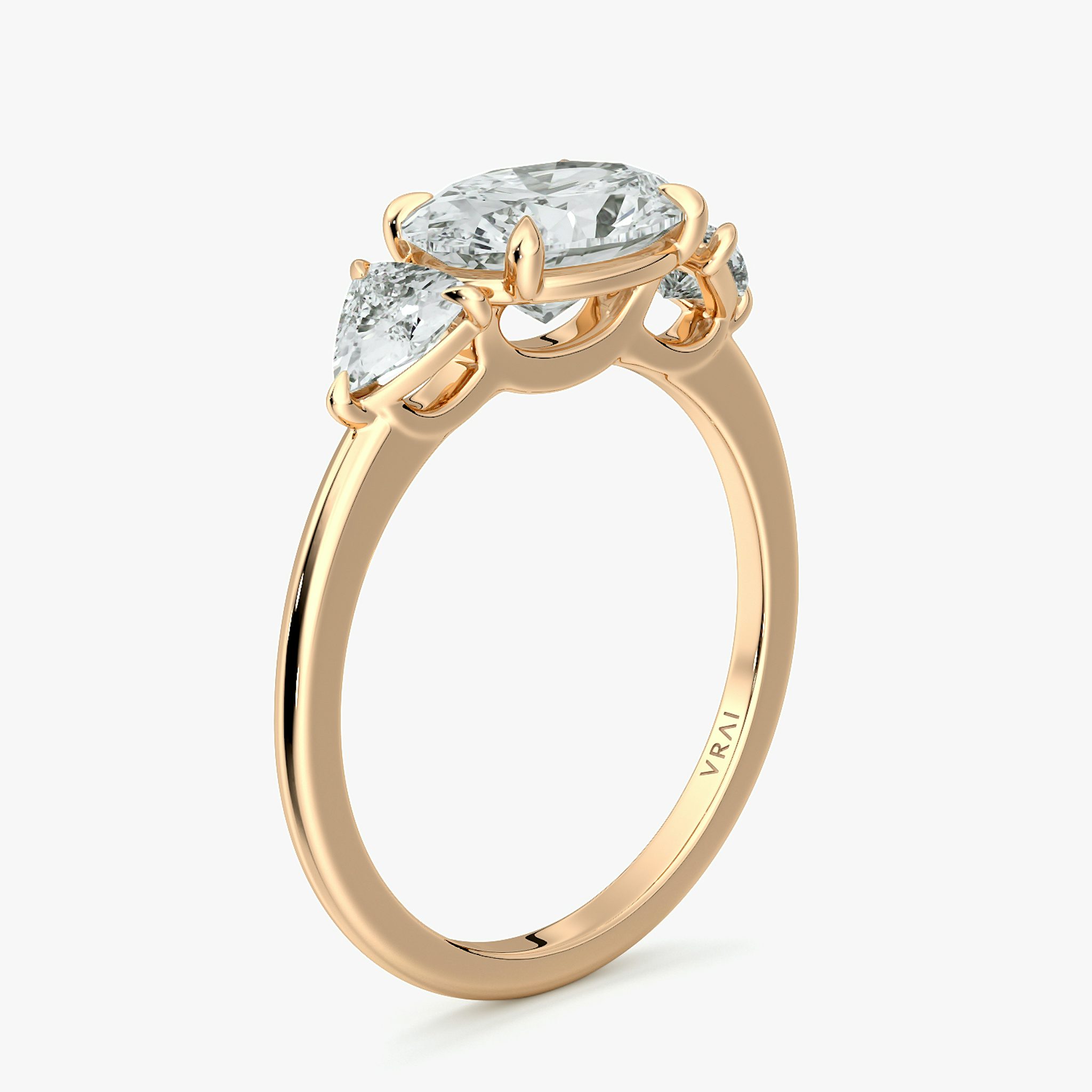 The Three Stone | Oval | 14k | Rose Gold | bandAccent: Plain | diamondOrientation: horizontal | sideStoneCarat: 0.25ct | sideStoneShape: Trillion | caratWeight: other