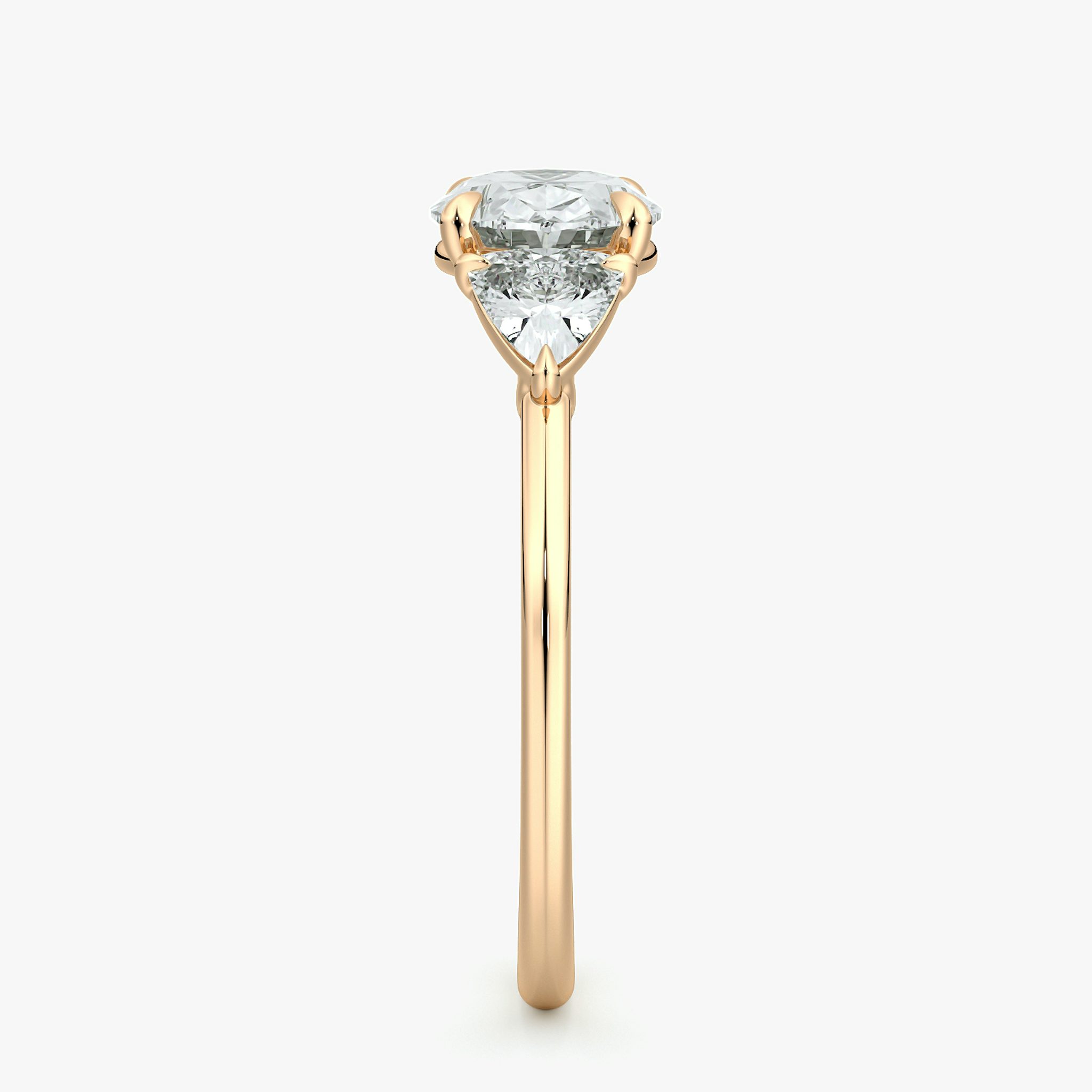 The Three Stone | Oval | 14k | Rose Gold | bandAccent: Plain | diamondOrientation: horizontal | sideStoneCarat: 0.25ct | sideStoneShape: Trillion | caratWeight: other
