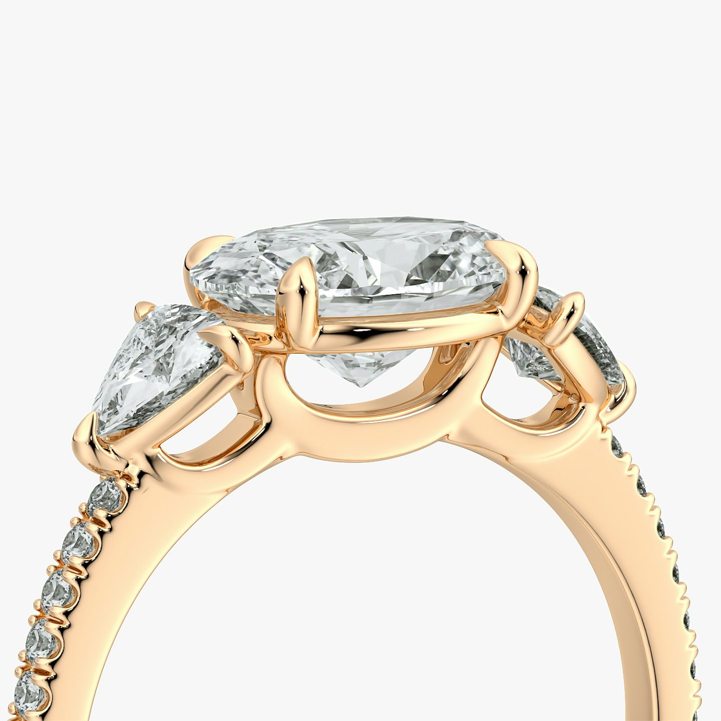 The Three Stone | Oval | 14k | Rose Gold | bandAccent: Pavé | diamondOrientation: horizontal | sideStoneCarat: 0.25ct | sideStoneShape: Trillion | caratWeight: other