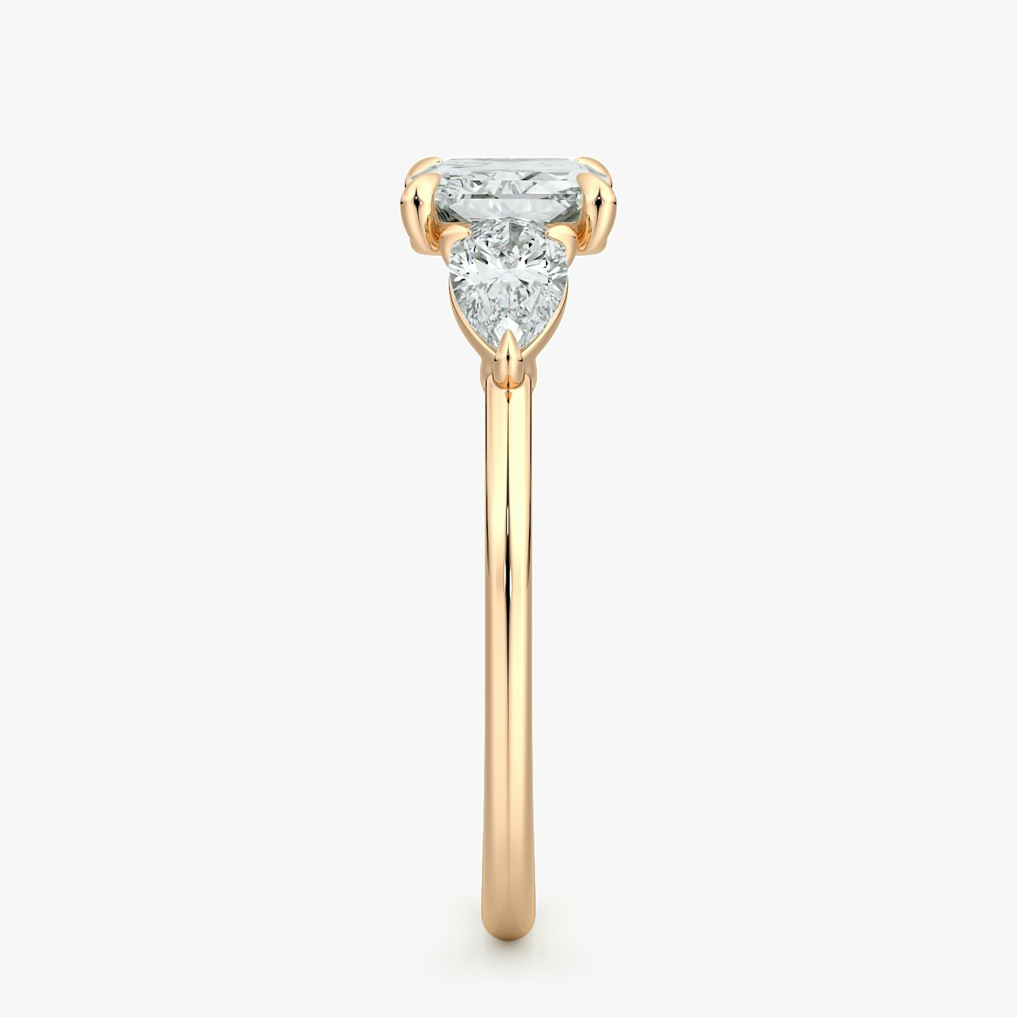 The Three Stone | Radiant | 14k | Rose Gold | bandAccent: Plain | diamondOrientation: horizontal | sideStoneCarat: 0.25ct | sideStoneShape: Pear | caratWeight: other