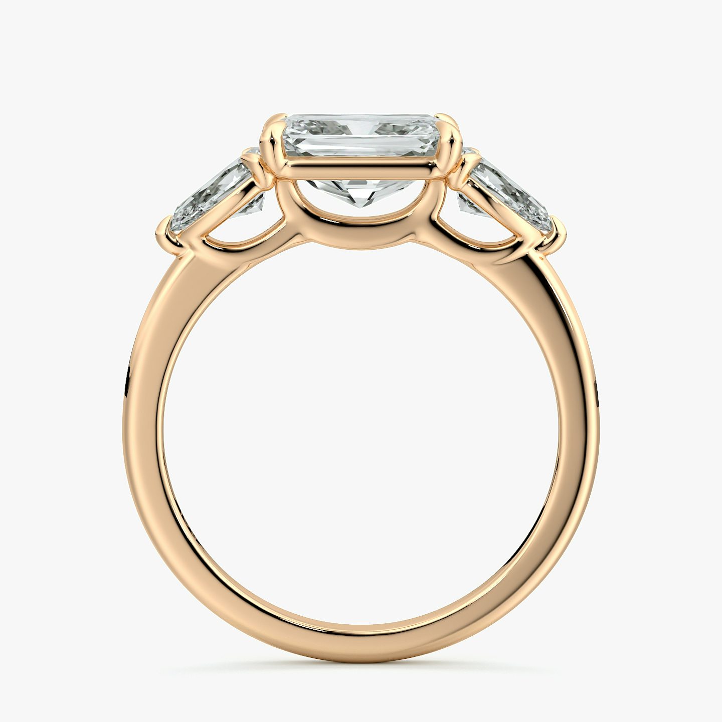 The Three Stone | Radiant | 14k | Rose Gold | bandAccent: Plain | diamondOrientation: horizontal | sideStoneCarat: 0.25ct | sideStoneShape: Pear | caratWeight: other