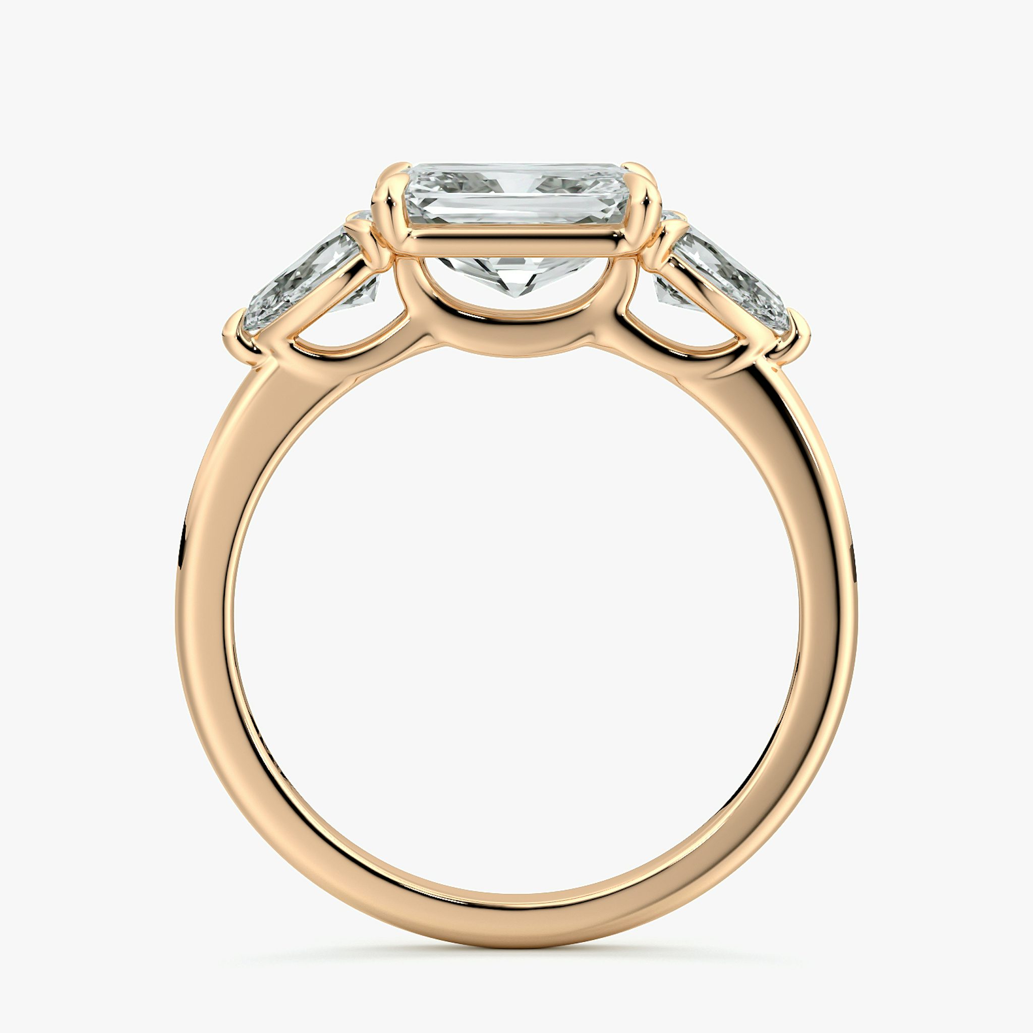 The Three Stone | Radiant | 14k | Rose Gold | bandAccent: Plain | diamondOrientation: horizontal | sideStoneCarat: 0.25ct | sideStoneShape: Pear | caratWeight: other