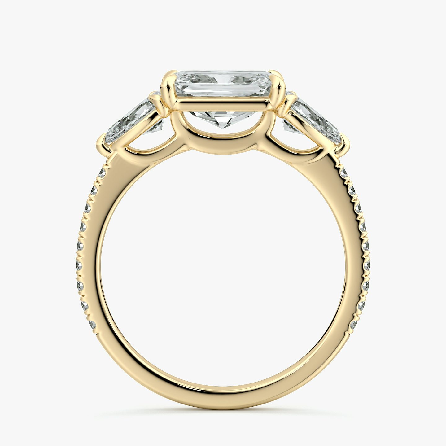 The Three Stone | Radiant | 18k | Yellow Gold | bandAccent: Pavé | diamondOrientation: horizontal | sideStoneCarat: 0.25ct | sideStoneShape: Pear | caratWeight: other