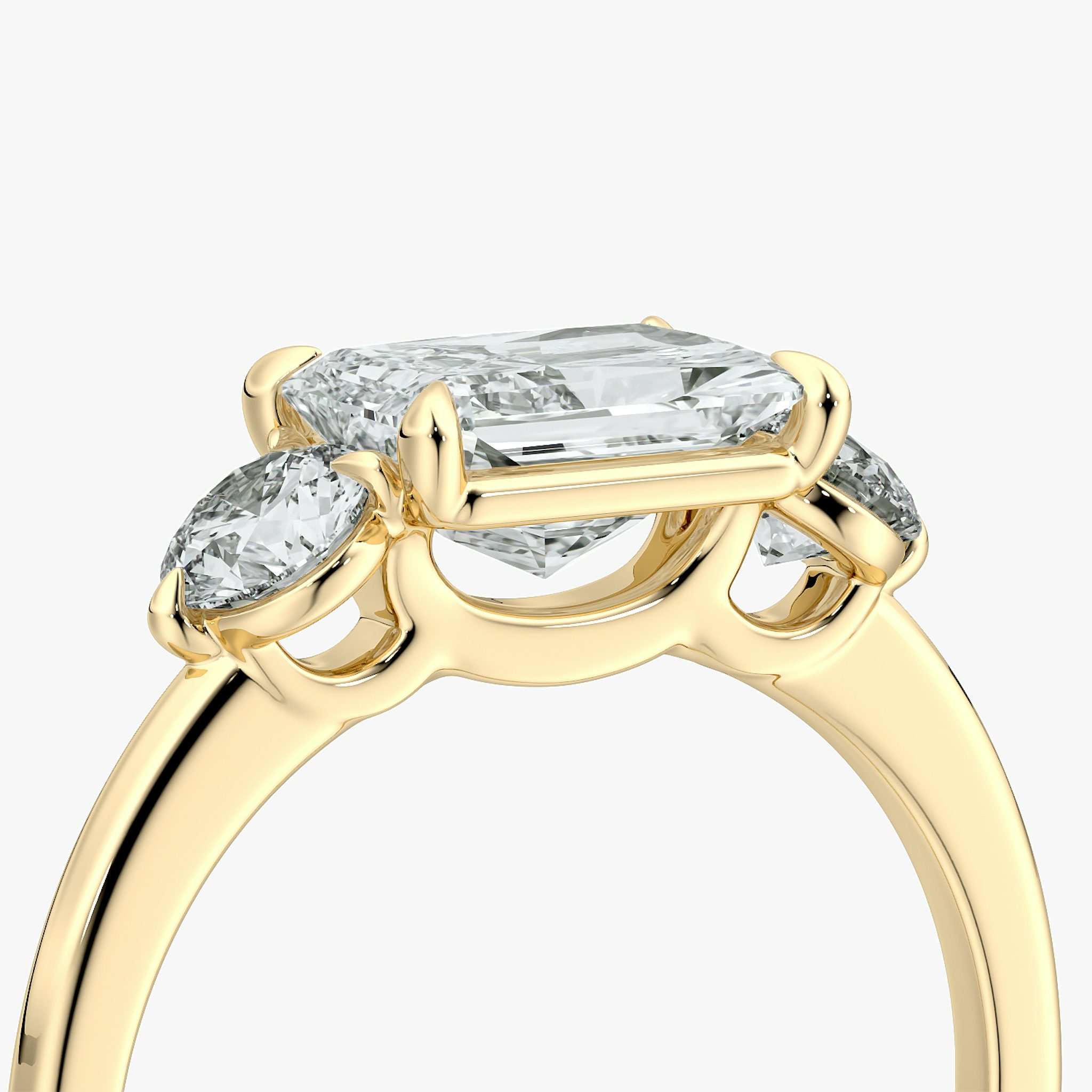 The Three Stone | Radiant | 18k | Yellow Gold | bandAccent: Plain | diamondOrientation: horizontal | sideStoneCarat: 0.25ct | sideStoneShape: Round Brilliant | caratWeight: other