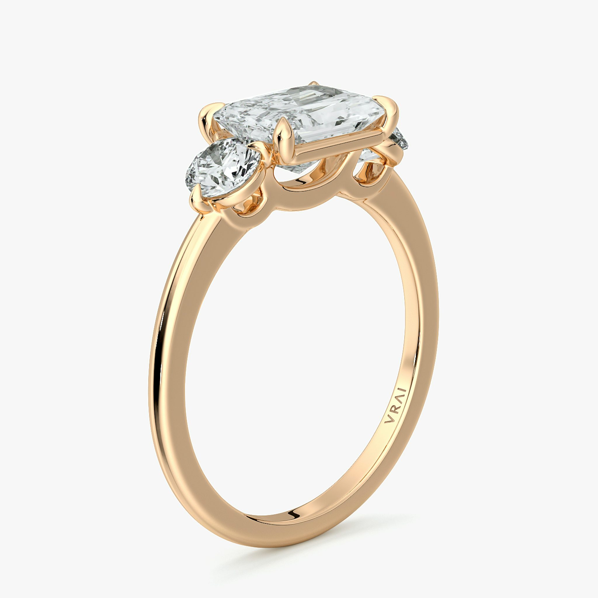The Three Stone | Radiant | 14k | Rose Gold | bandAccent: Plain | diamondOrientation: horizontal | sideStoneCarat: 0.25ct | sideStoneShape: Round Brilliant | caratWeight: other