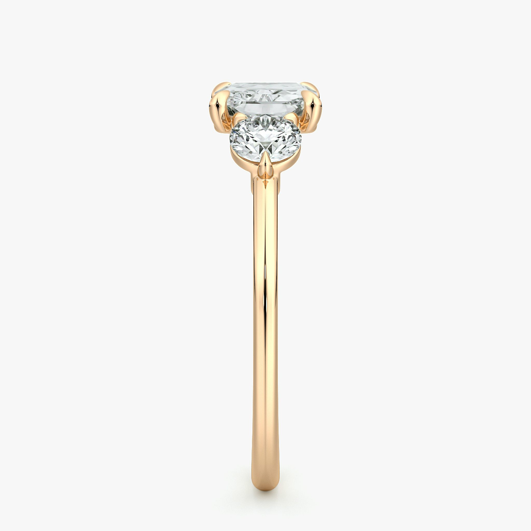 The Three Stone | Radiant | 14k | Rose Gold | bandAccent: Plain | diamondOrientation: horizontal | sideStoneCarat: 0.25ct | sideStoneShape: Round Brilliant | caratWeight: other