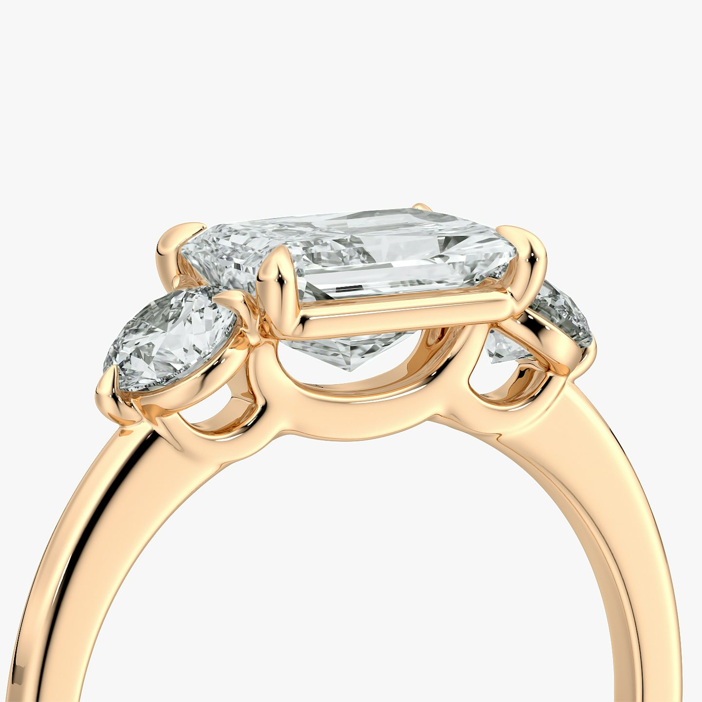 The Three Stone | Radiant | 14k | Rose Gold | bandAccent: Plain | diamondOrientation: horizontal | sideStoneCarat: 0.25ct | sideStoneShape: Round Brilliant | caratWeight: other