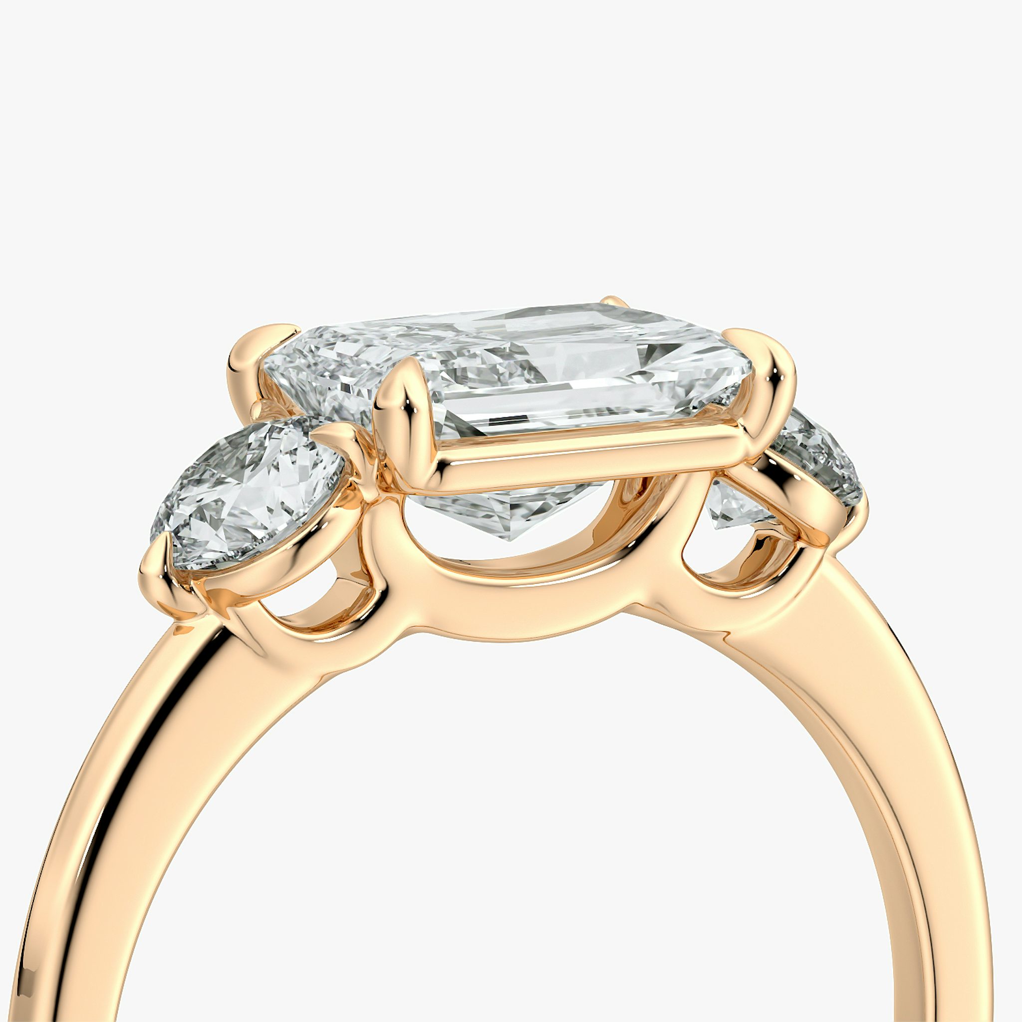 The Three Stone | Radiant | 14k | Rose Gold | bandAccent: Plain | diamondOrientation: horizontal | sideStoneCarat: 0.25ct | sideStoneShape: Round Brilliant | caratWeight: other