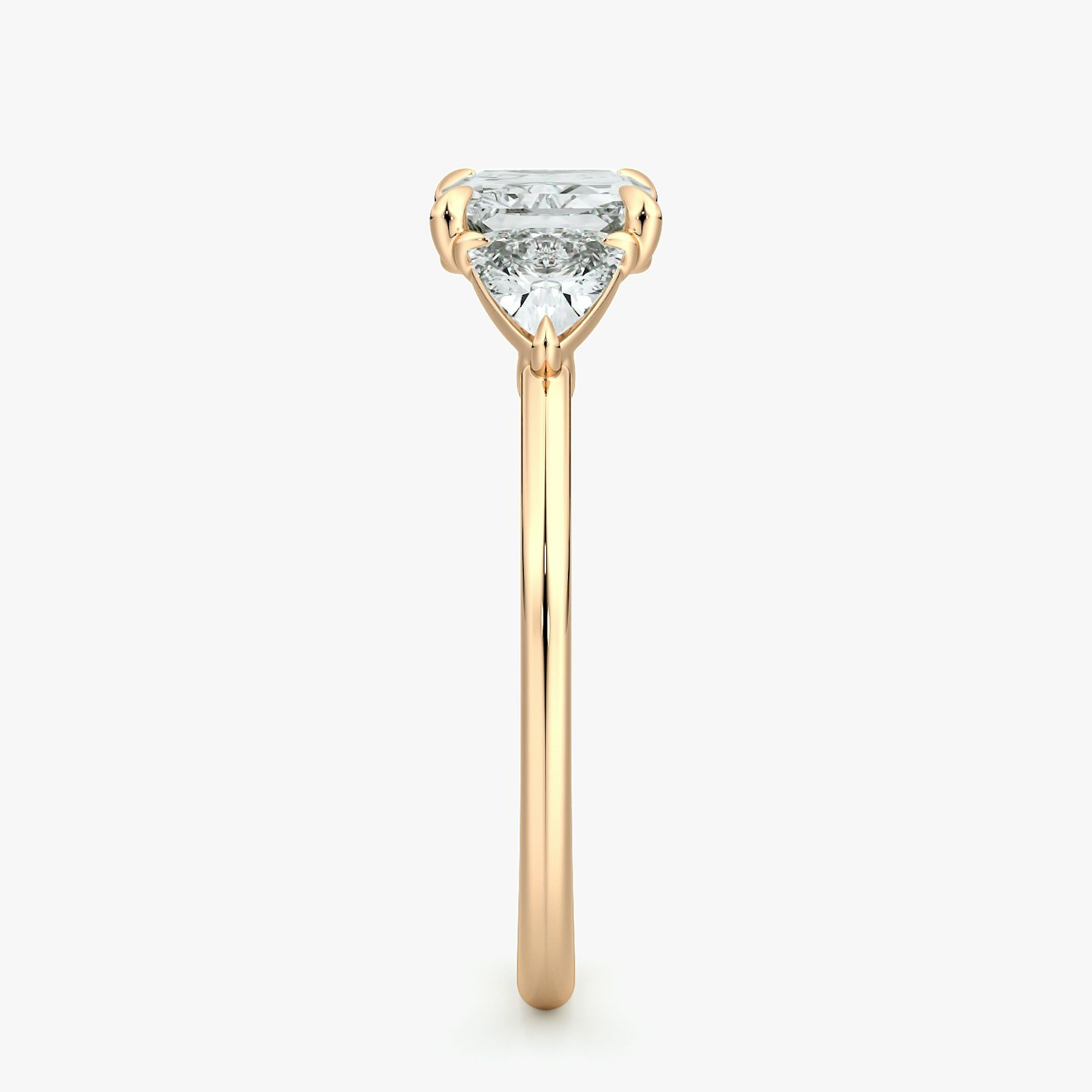 The Three Stone | Radiant | 14k | Rose Gold | bandAccent: Plain | diamondOrientation: horizontal | sideStoneCarat: 0.25ct | sideStoneShape: Trillion | caratWeight: other