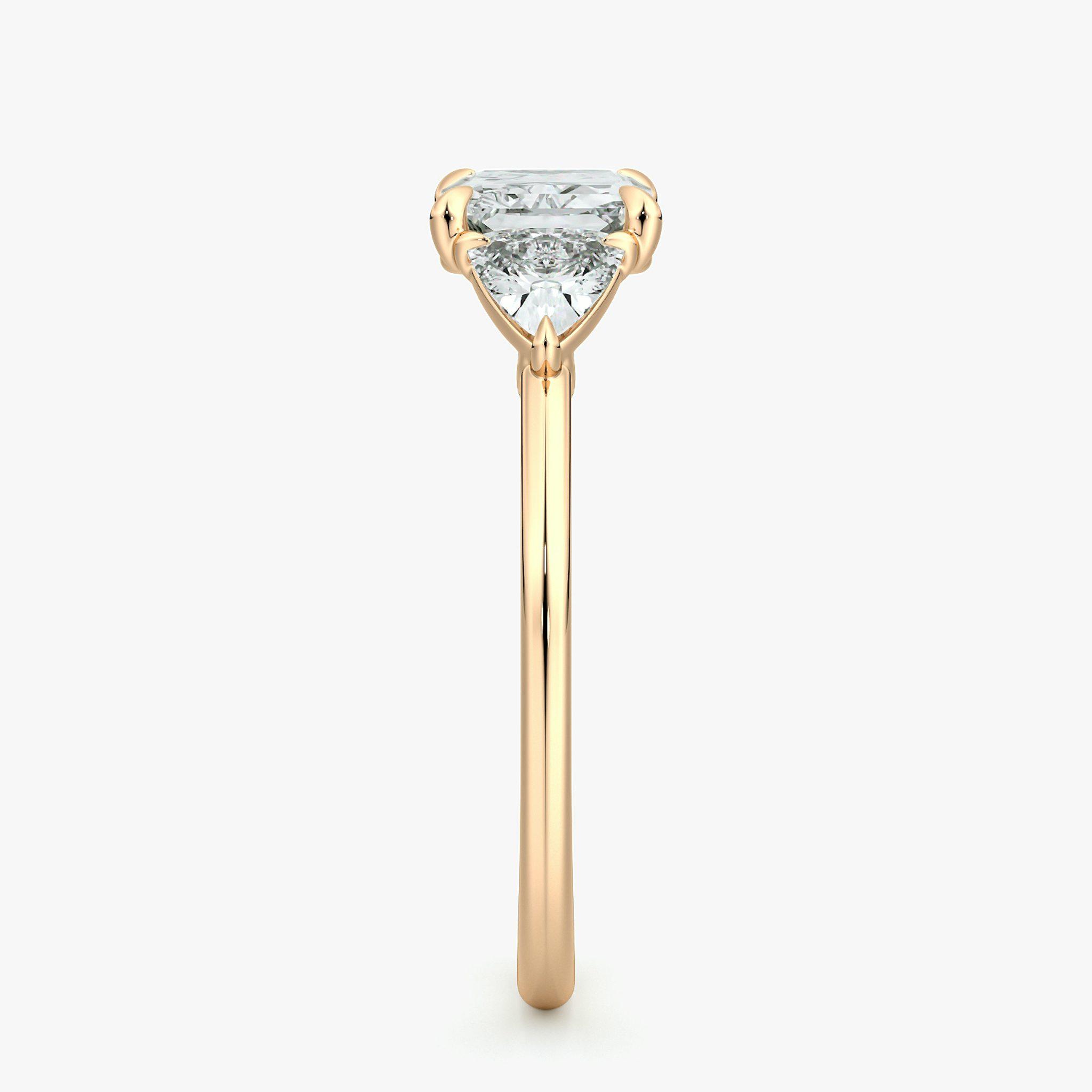 The Three Stone | Radiant | 14k | Rose Gold | bandAccent: Plain | diamondOrientation: horizontal | sideStoneCarat: 0.25ct | sideStoneShape: Trillion | caratWeight: other