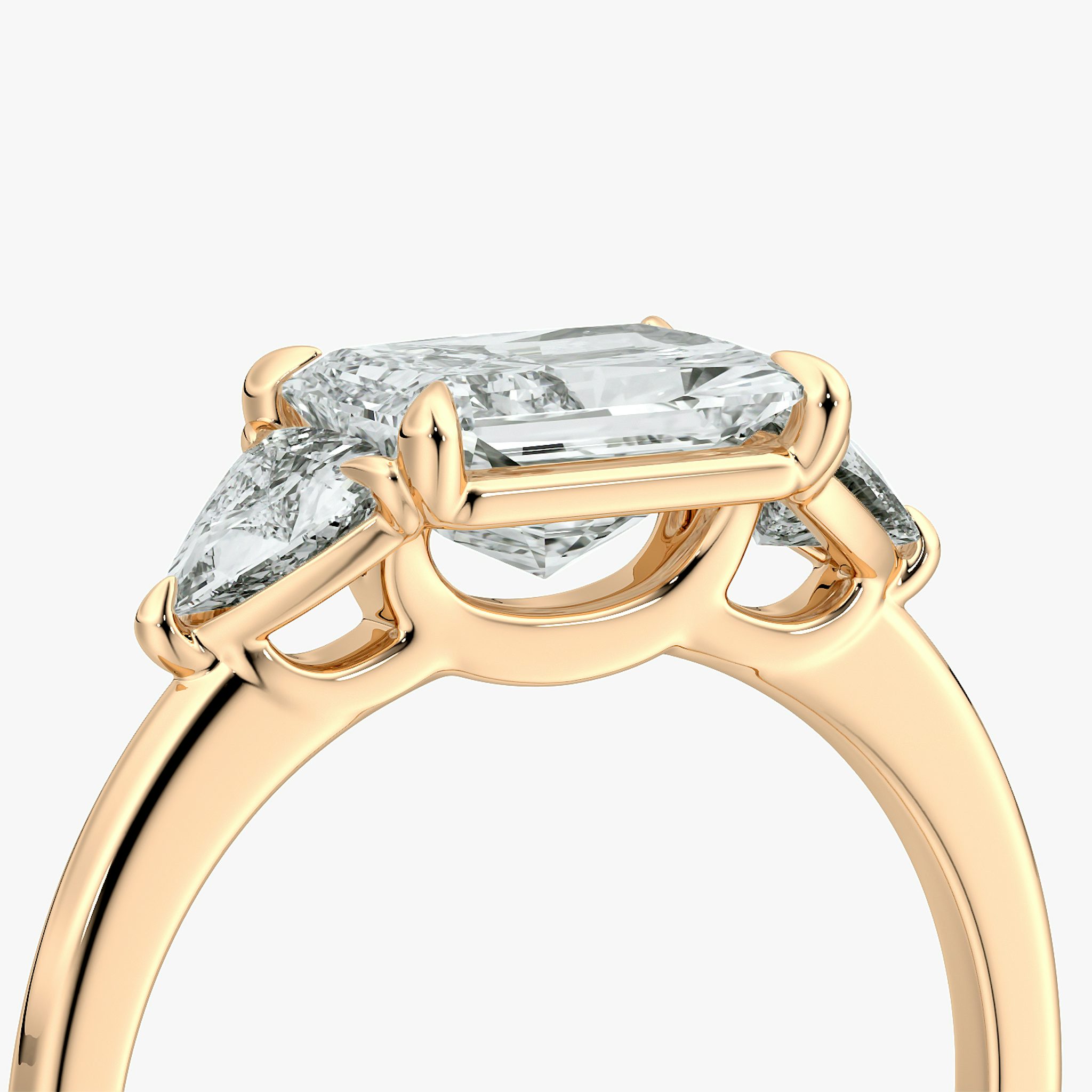 The Three Stone | Radiant | 14k | Rose Gold | bandAccent: Plain | diamondOrientation: horizontal | sideStoneCarat: 0.25ct | sideStoneShape: Trillion | caratWeight: other