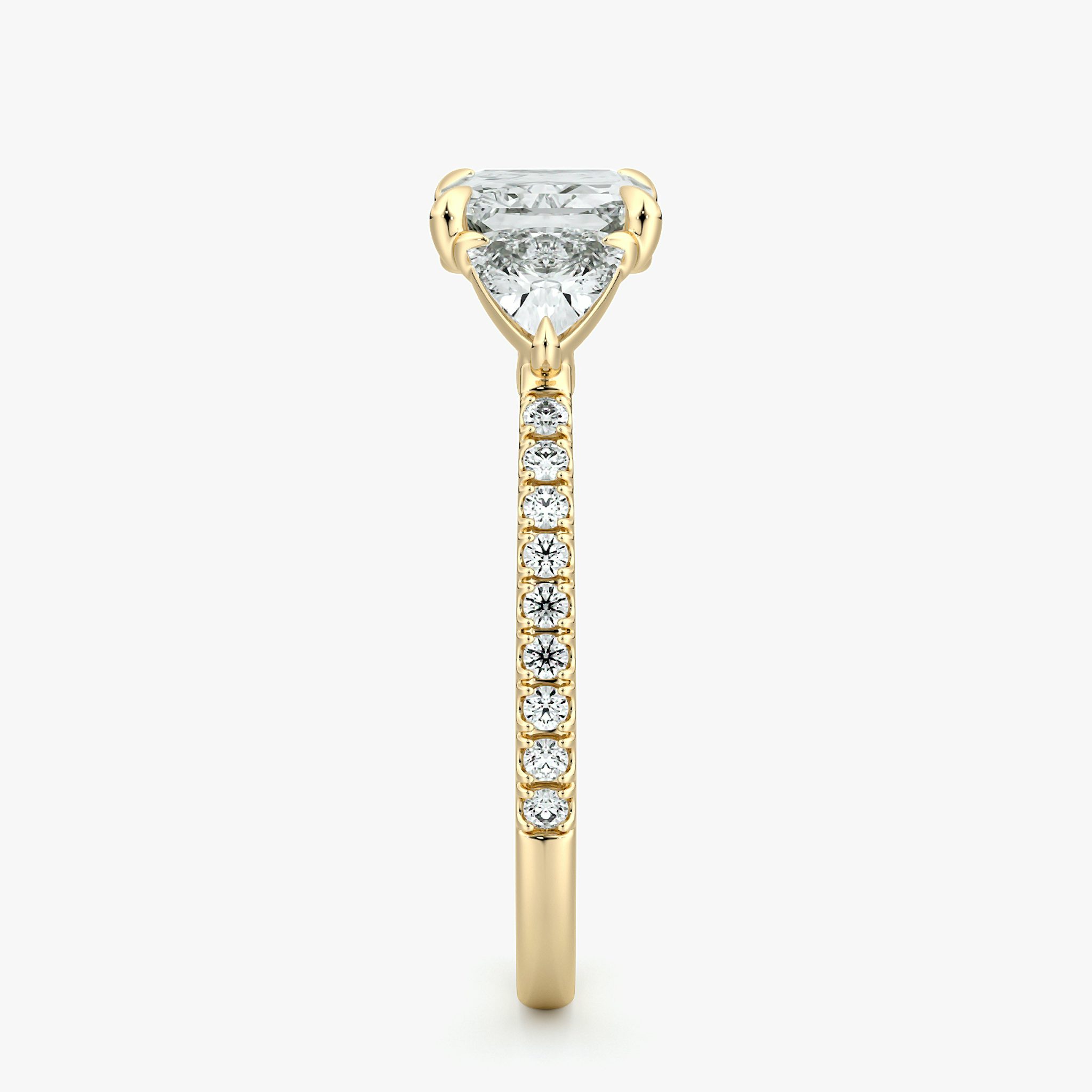 The Three Stone | Radiant | 18k | Yellow Gold | bandAccent: Pavé | diamondOrientation: horizontal | sideStoneCarat: 0.25ct | sideStoneShape: Trillion | caratWeight: other