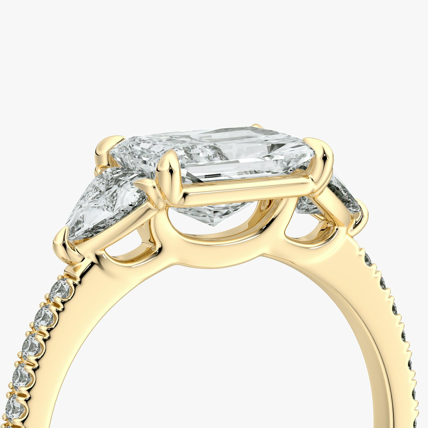 The Three Stone | Radiant | 18k | Yellow Gold | bandAccent: Pavé | diamondOrientation: horizontal | sideStoneCarat: 0.25ct | sideStoneShape: Trillion | caratWeight: other