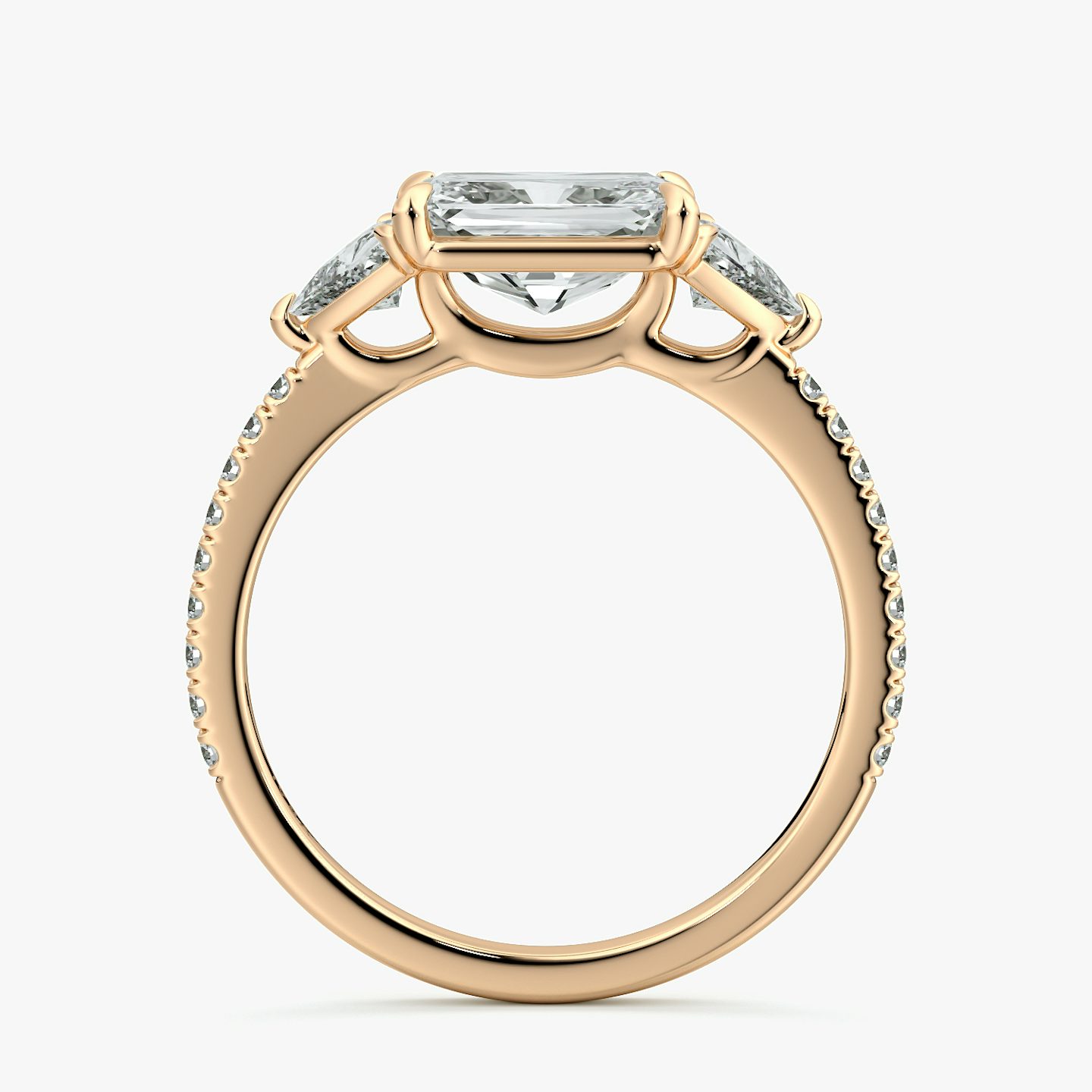 The Three Stone | Radiant | 14k | Rose Gold | bandAccent: Pavé | diamondOrientation: horizontal | sideStoneCarat: 0.25ct | sideStoneShape: Trillion | caratWeight: other