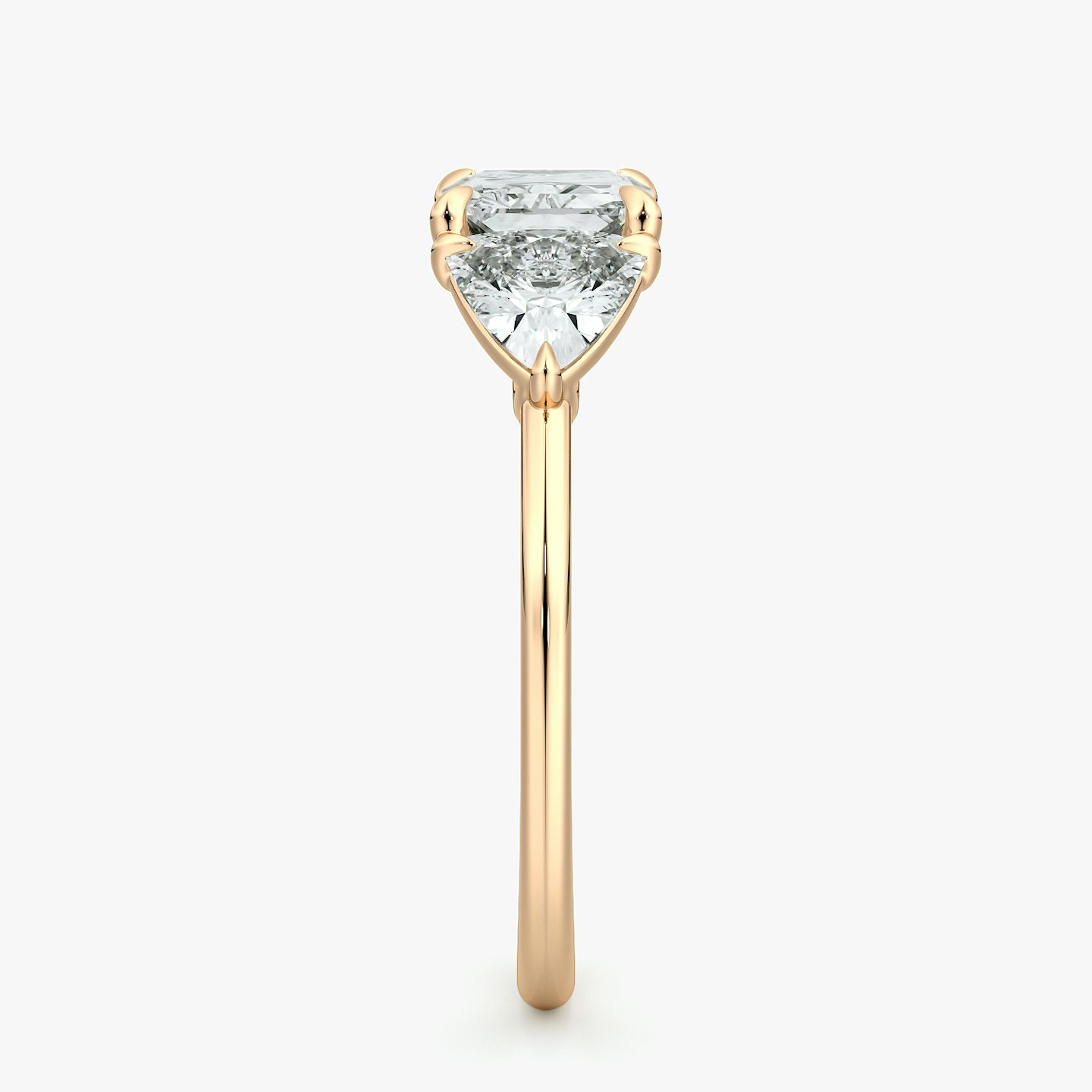 The Three Stone | Radiant | 14k | Rose Gold | bandAccent: Plain | diamondOrientation: horizontal | sideStoneCarat: 0.50ct | sideStoneShape: Trillion | caratWeight: other