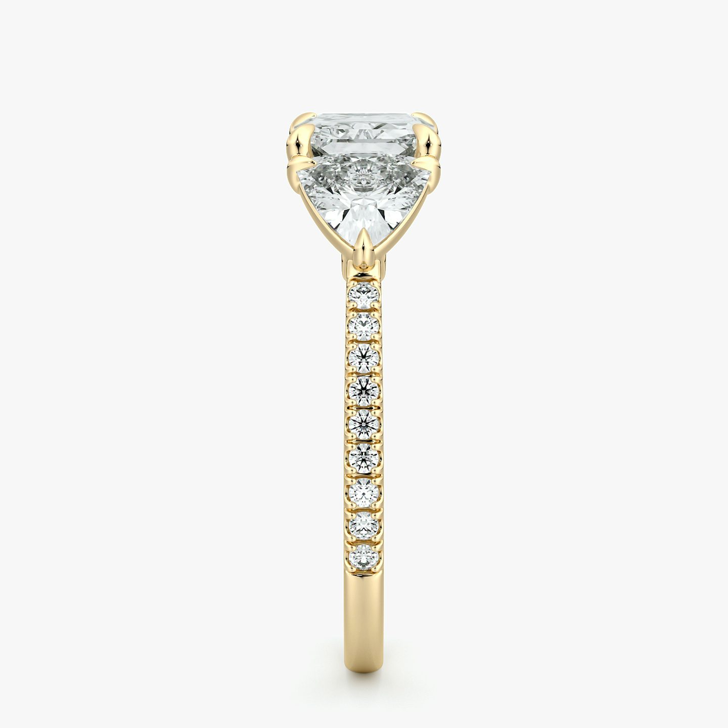 The Three Stone | Radiant | 18k | Yellow Gold | bandAccent: Pavé | diamondOrientation: horizontal | sideStoneCarat: 0.50ct | sideStoneShape: Trillion | caratWeight: other