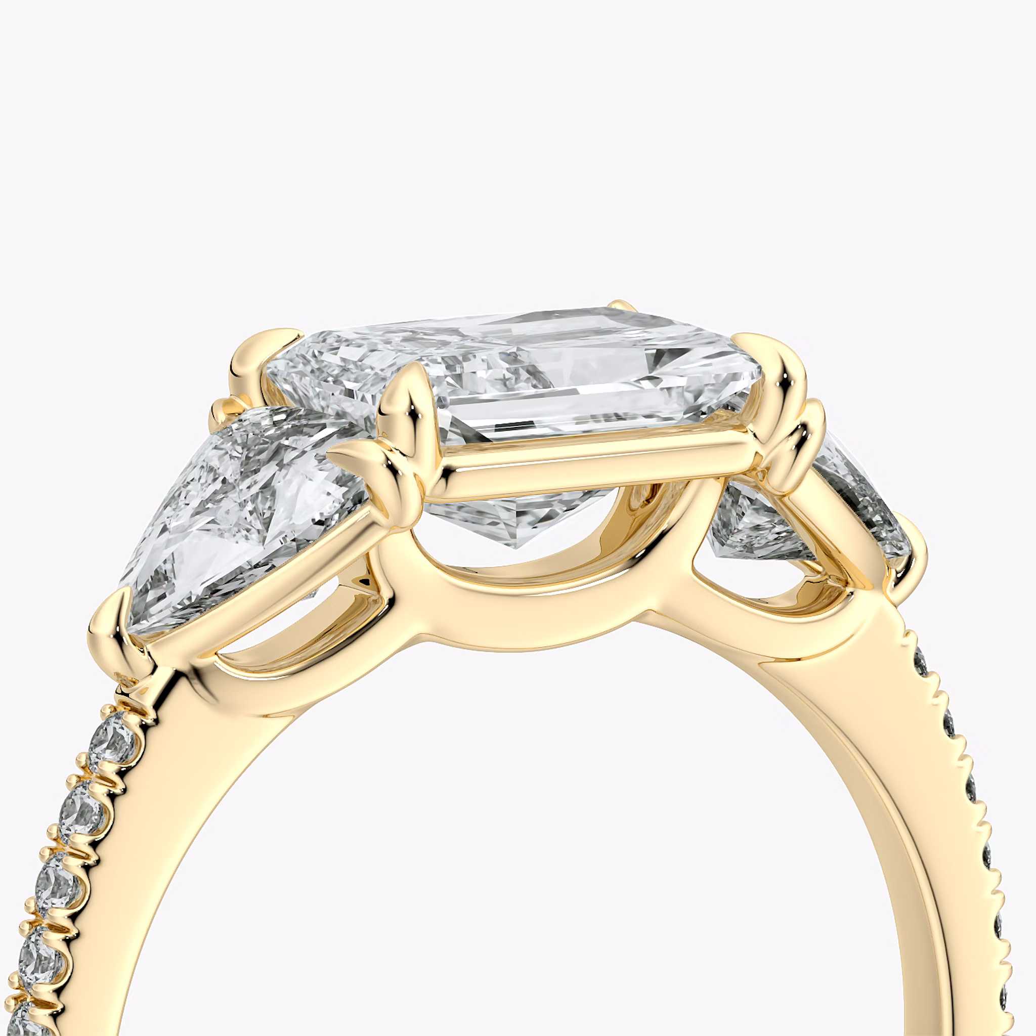 The Three Stone | Radiant | 18k | Yellow Gold | bandAccent: Pavé | diamondOrientation: horizontal | sideStoneCarat: 0.50ct | sideStoneShape: Trillion | caratWeight: other