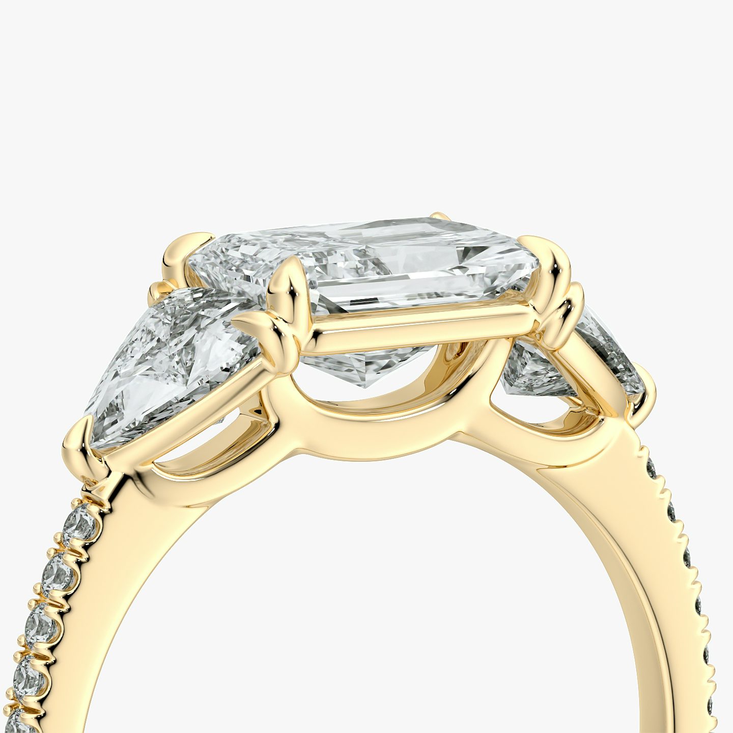 The Three Stone | Radiant | 18k | Yellow Gold | bandAccent: Pavé | diamondOrientation: horizontal | sideStoneCarat: 0.50ct | sideStoneShape: Trillion | caratWeight: other