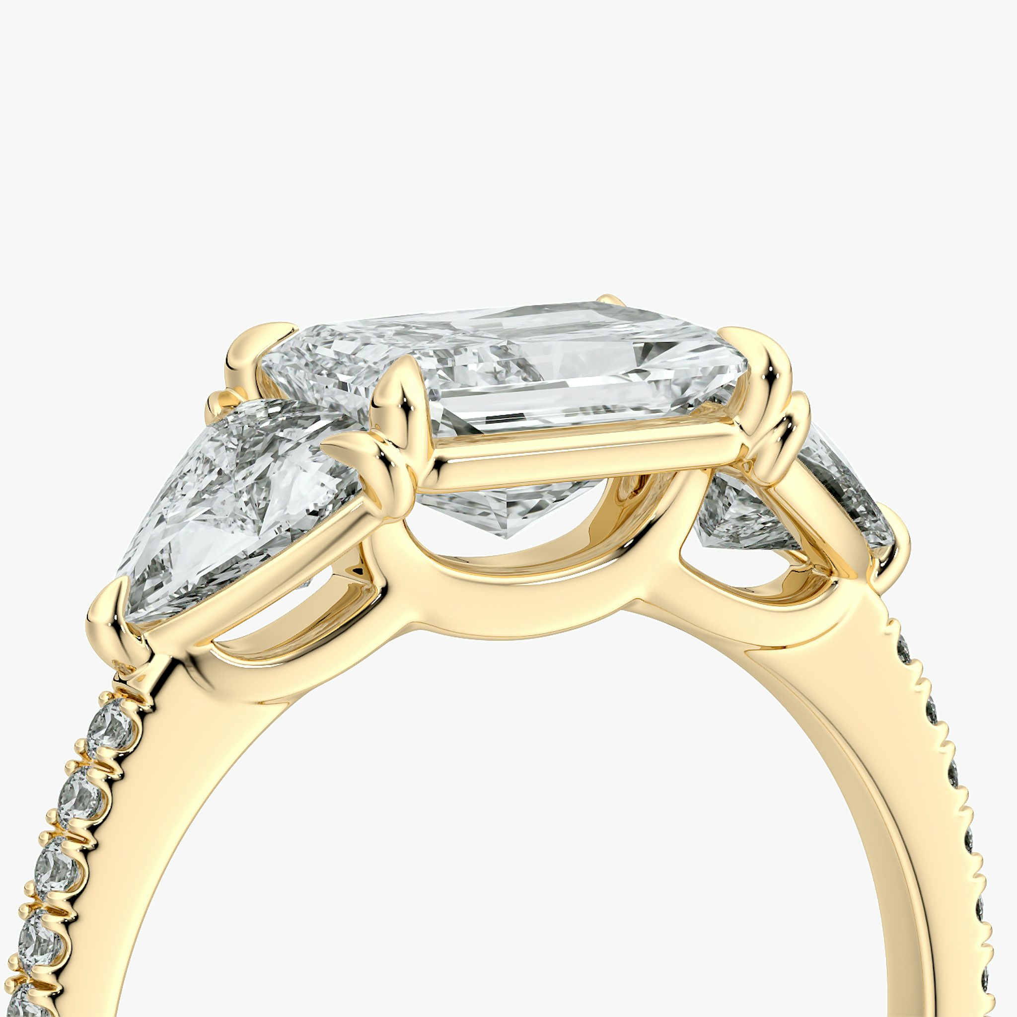 The Three Stone | Radiant | 18k | Yellow Gold | bandAccent: Pavé | diamondOrientation: horizontal | sideStoneCarat: 0.50ct | sideStoneShape: Trillion | caratWeight: other