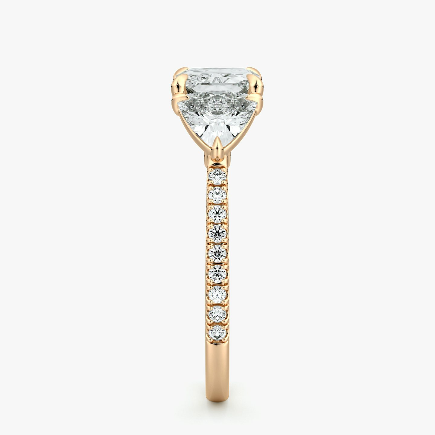 The Three Stone | Radiant | 14k | Rose Gold | bandAccent: Pavé | diamondOrientation: horizontal | sideStoneCarat: 0.50ct | sideStoneShape: Trillion | caratWeight: other