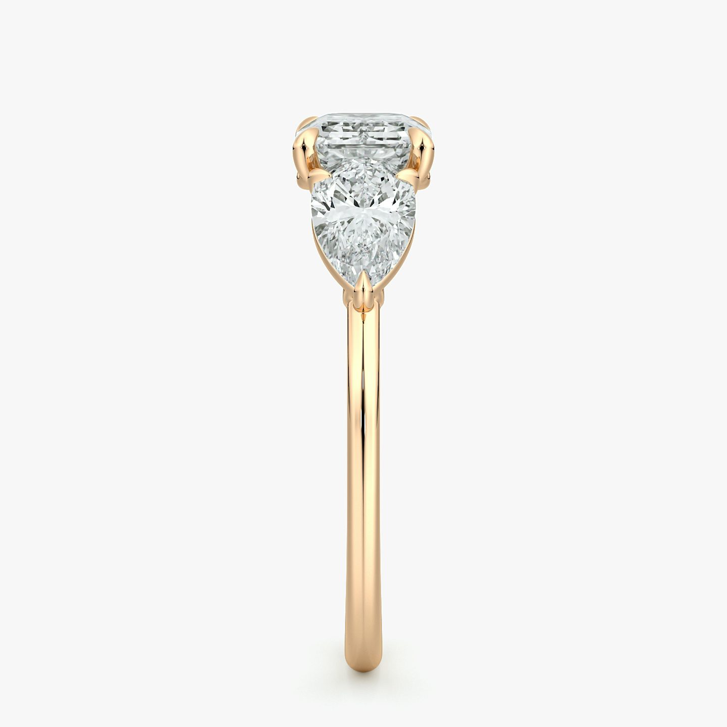 The Three Stone | Emerald | 14k | Rose Gold | bandAccent: Plain | diamondOrientation: horizontal | sideStoneCarat: 0.50ct | sideStoneShape: Pear | caratWeight: other