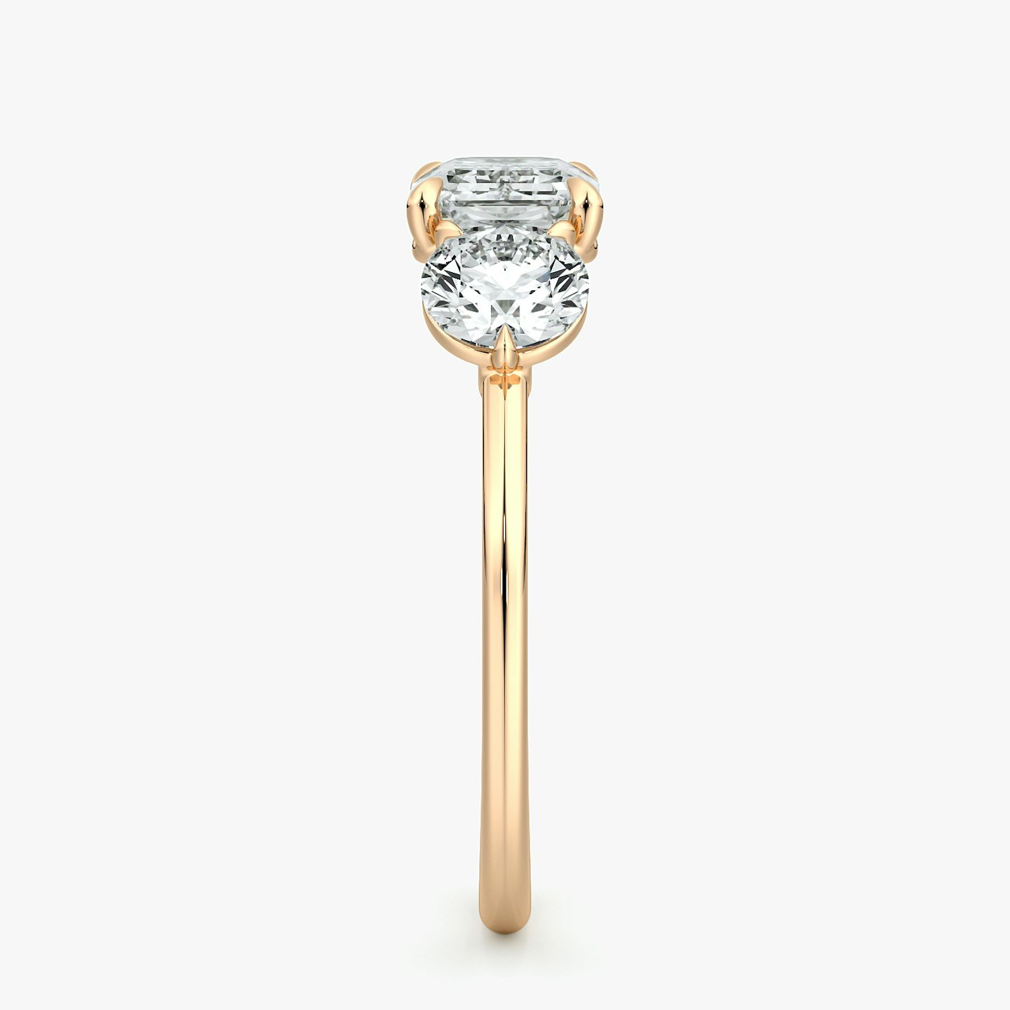 The Three Stone | Emerald | 14k | Rose Gold | bandAccent: Plain | diamondOrientation: horizontal | sideStoneCarat: 0.50ct | sideStoneShape: Round Brilliant | caratWeight: other