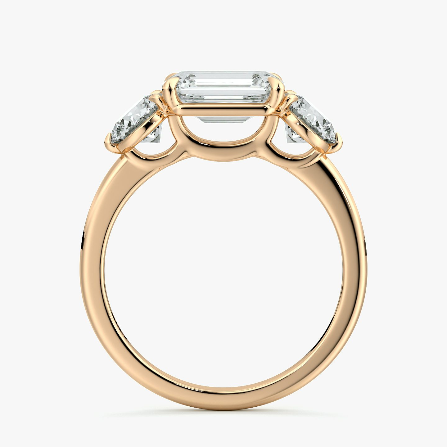 The Three Stone | Emerald | 14k | Rose Gold | bandAccent: Plain | diamondOrientation: horizontal | sideStoneCarat: 0.50ct | sideStoneShape: Round Brilliant | caratWeight: other