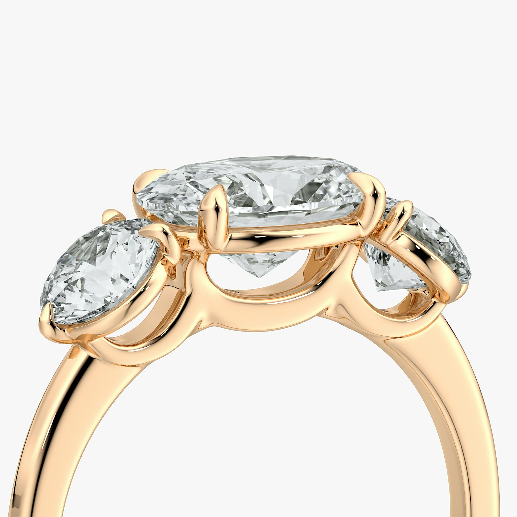The Three Stone | Oval | 14k | Rose Gold | bandAccent: Plain | diamondOrientation: horizontal | sideStoneCarat: 0.50ct | sideStoneShape: Round Brilliant | caratWeight: other