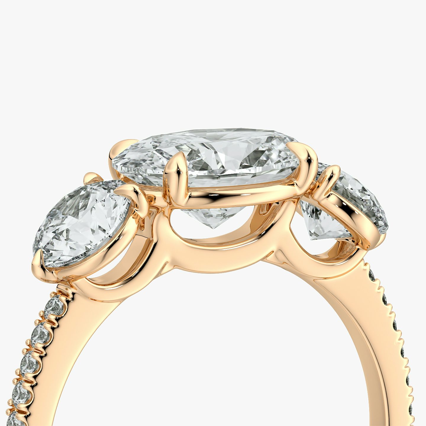 The Three Stone | Oval | 14k | Rose Gold | bandAccent: Pavé | diamondOrientation: horizontal | sideStoneCarat: 0.50ct | sideStoneShape: Round Brilliant | caratWeight: other