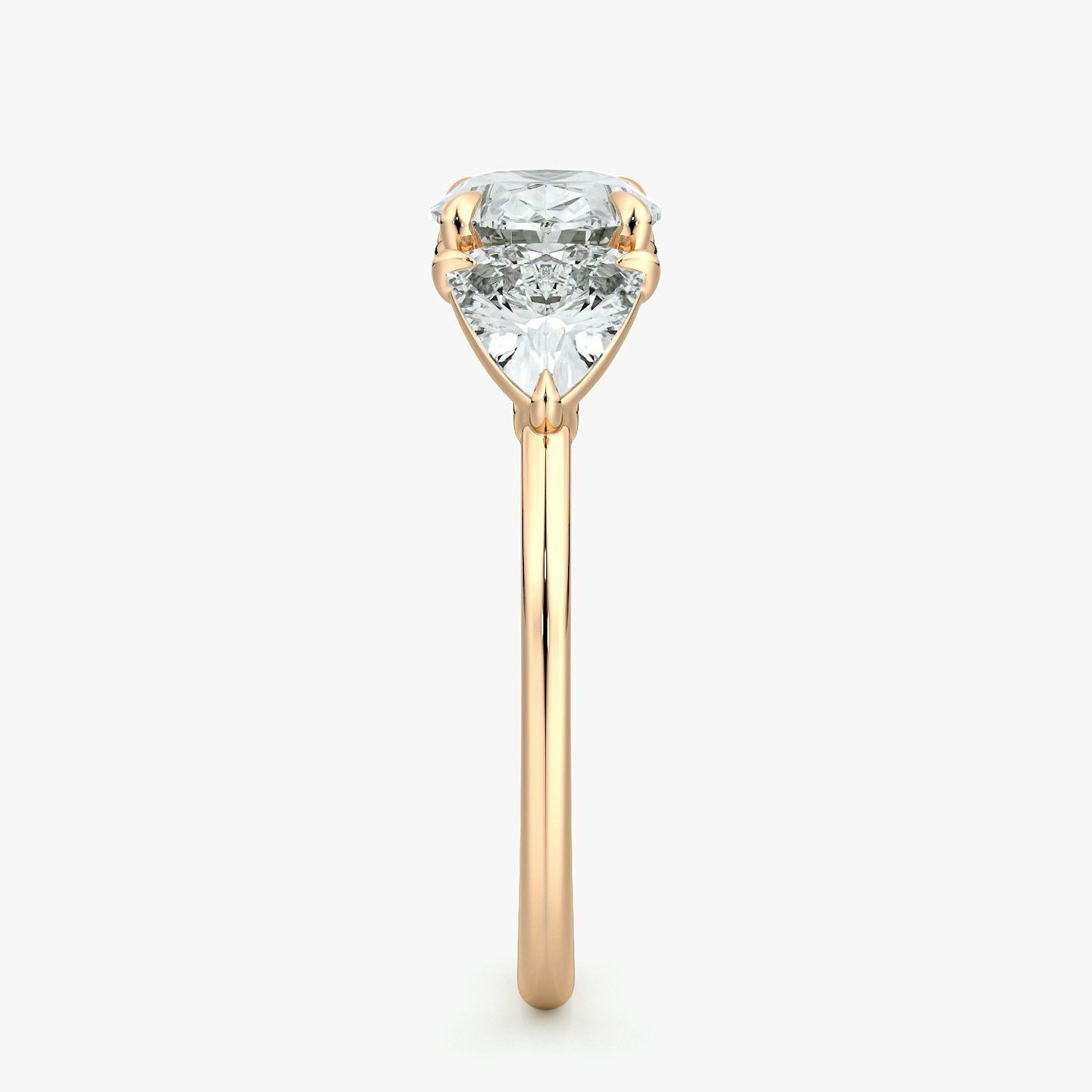 The Three Stone | Oval | 14k | Rose Gold | bandAccent: Plain | diamondOrientation: horizontal | sideStoneCarat: 0.50ct | sideStoneShape: Trillion | caratWeight: other