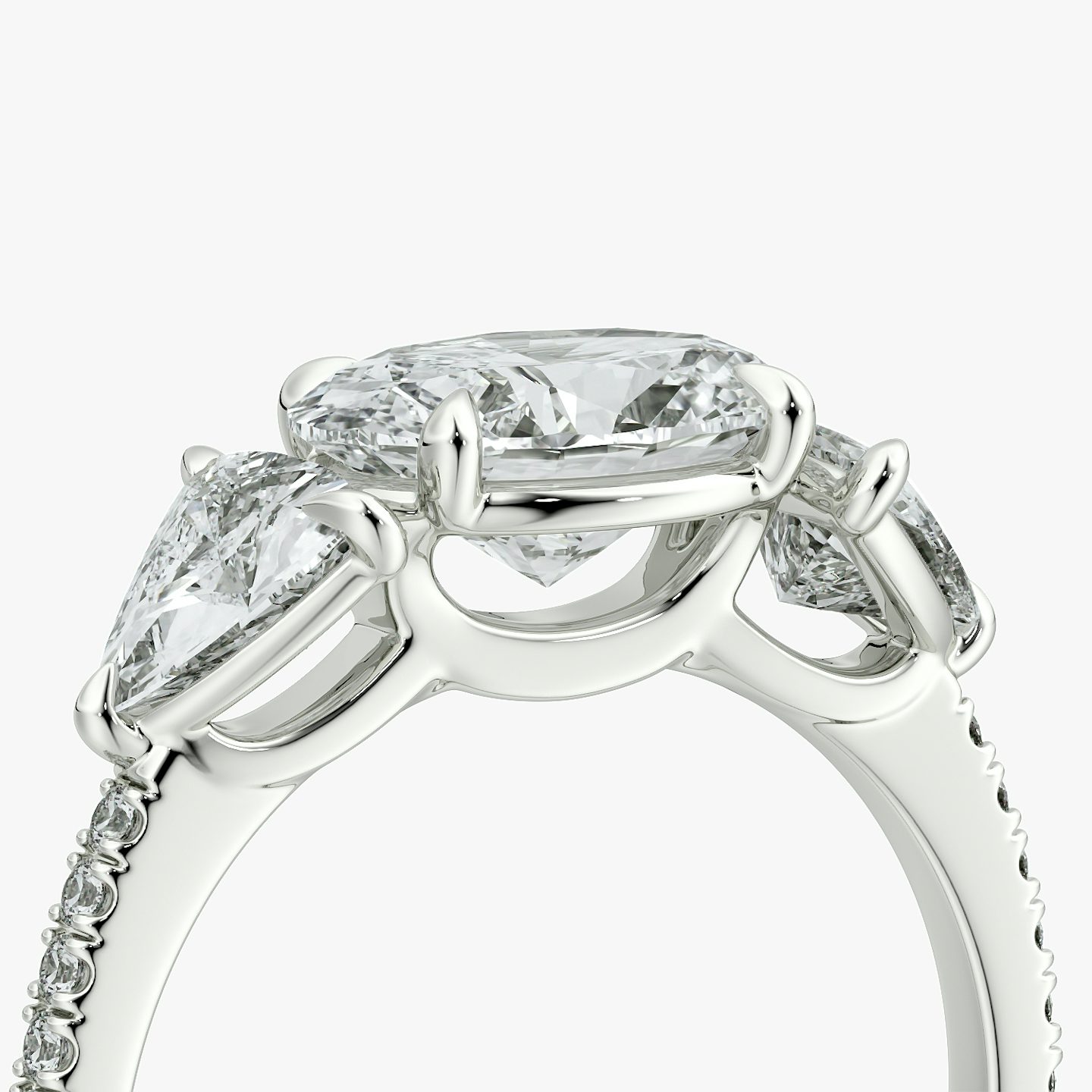 The Three Stone | Oval | 18k | White Gold | bandAccent: Pavé | diamondOrientation: horizontal | sideStoneCarat: 0.50ct | sideStoneShape: Trillion | caratWeight: other