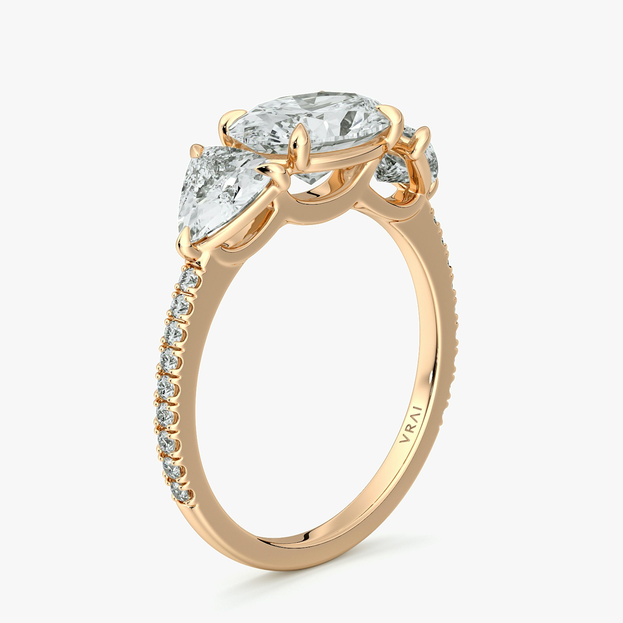 The Three Stone | Oval | 14k | Rose Gold | bandAccent: Pavé | diamondOrientation: horizontal | sideStoneCarat: 0.50ct | sideStoneShape: Trillion | caratWeight: other