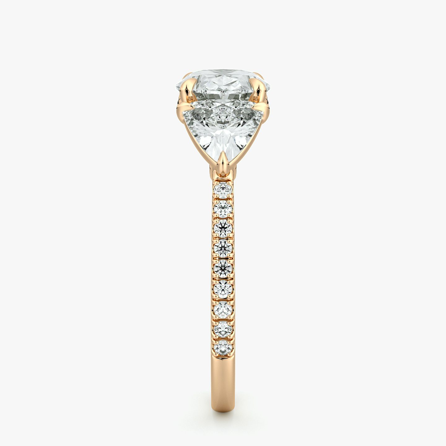 The Three Stone | Oval | 14k | Rose Gold | bandAccent: Pavé | diamondOrientation: horizontal | sideStoneCarat: 0.50ct | sideStoneShape: Trillion | caratWeight: other