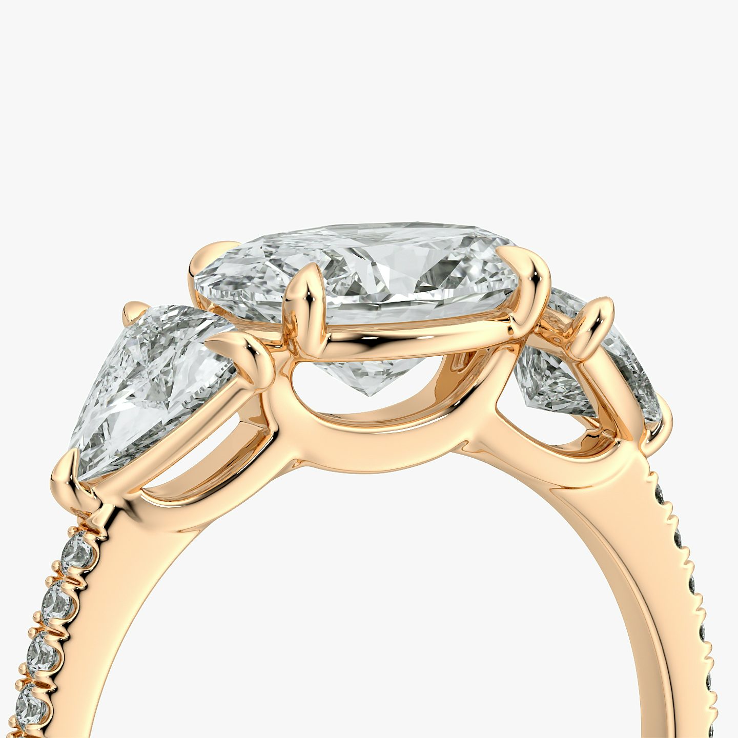 The Three Stone | Oval | 14k | Rose Gold | bandAccent: Pavé | diamondOrientation: horizontal | sideStoneCarat: 0.50ct | sideStoneShape: Trillion | caratWeight: other