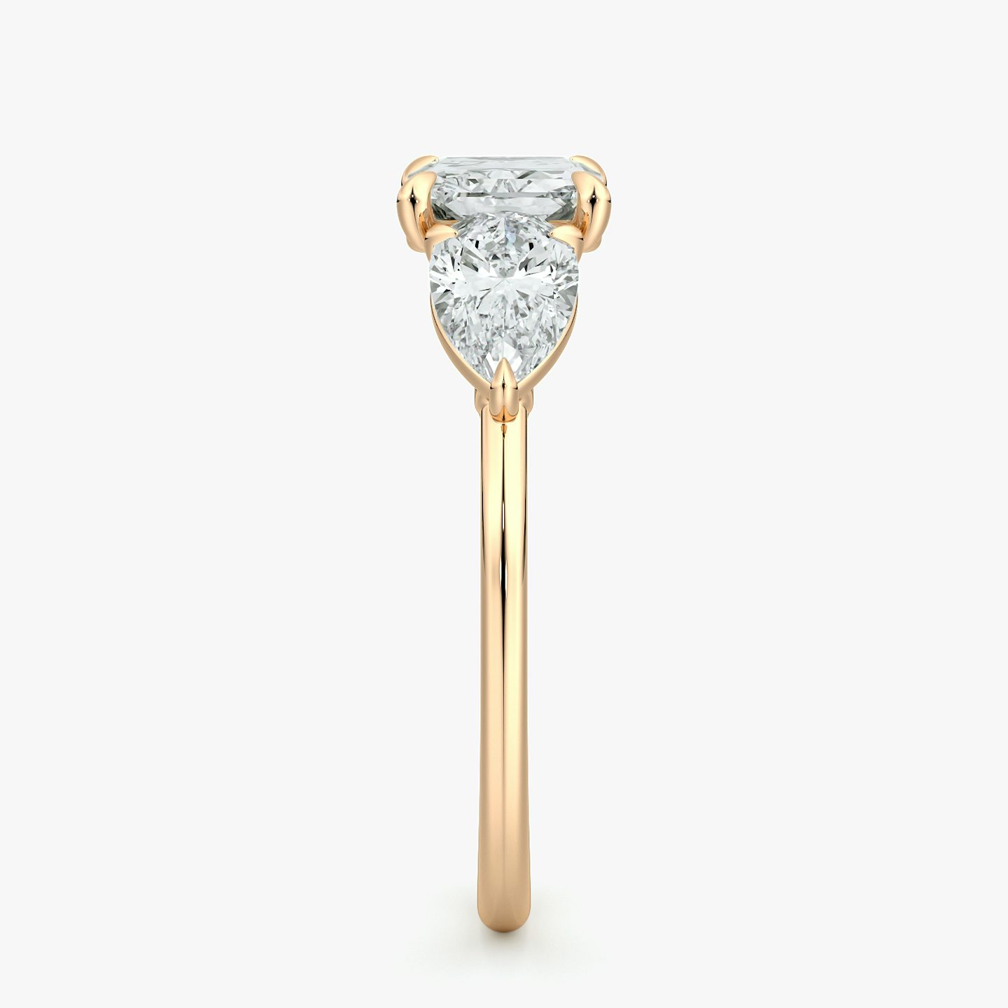 The Three Stone | Radiant | 14k | Rose Gold | bandAccent: Plain | diamondOrientation: horizontal | sideStoneCarat: 0.50ct | sideStoneShape: Pear | caratWeight: other