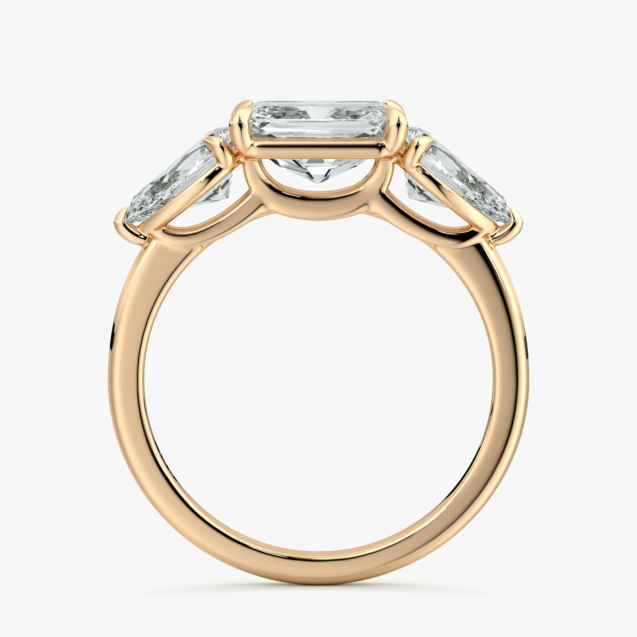 The Three Stone | Radiant | 14k | Rose Gold | bandAccent: Plain | diamondOrientation: horizontal | sideStoneCarat: 0.50ct | sideStoneShape: Pear | caratWeight: other