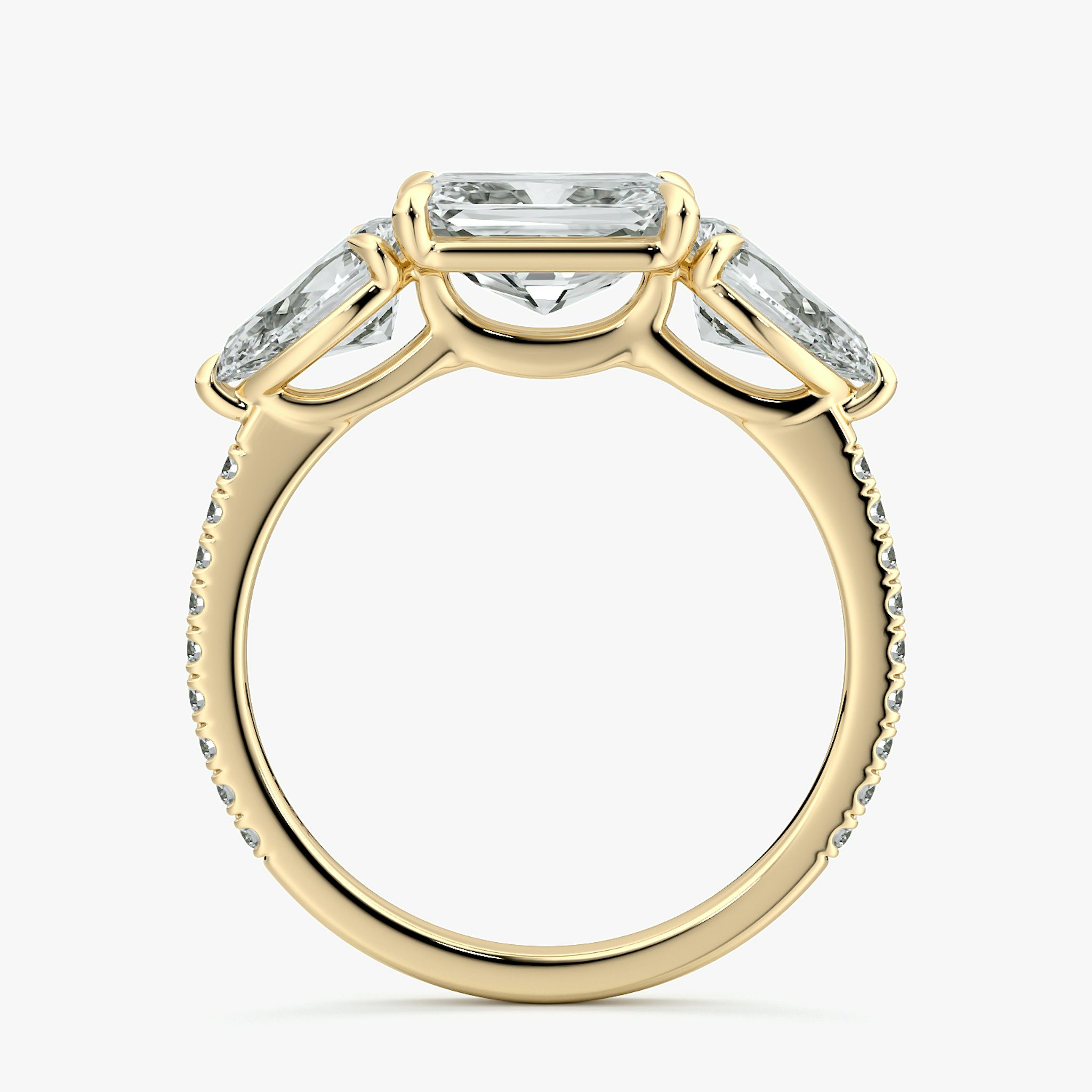 The Three Stone | Radiant | 18k | Yellow Gold | bandAccent: Pavé | diamondOrientation: horizontal | sideStoneCarat: 0.50ct | sideStoneShape: Pear | caratWeight: other