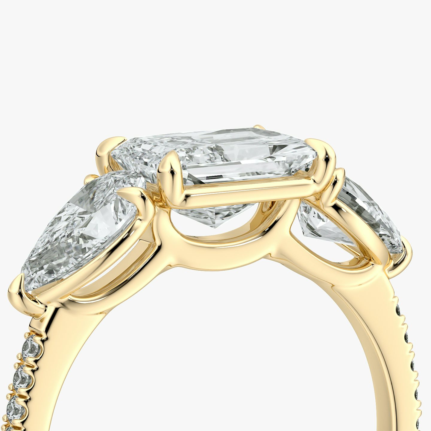 The Three Stone | Radiant | 18k | Yellow Gold | bandAccent: Pavé | diamondOrientation: horizontal | sideStoneCarat: 0.50ct | sideStoneShape: Pear | caratWeight: other