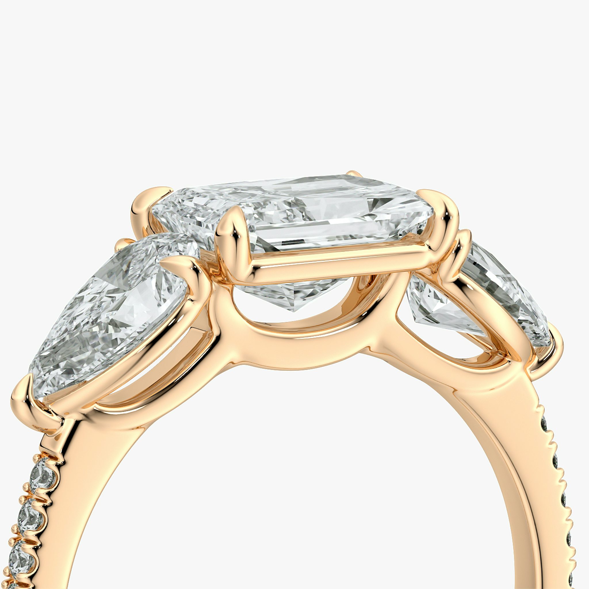 The Three Stone | Radiant | 14k | Rose Gold | bandAccent: Pavé | diamondOrientation: horizontal | sideStoneCarat: 0.50ct | sideStoneShape: Pear | caratWeight: other