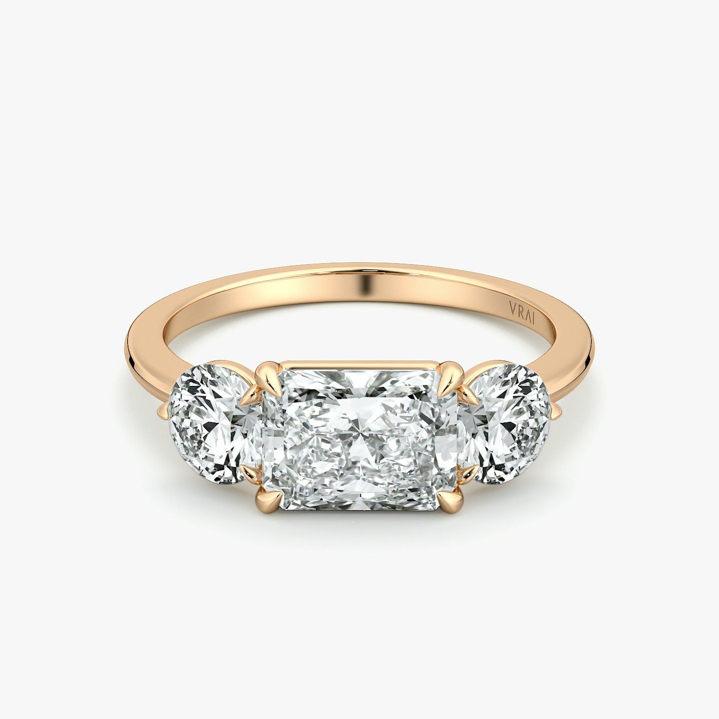 The Three Stone | Radiant | 14k | Rose Gold | bandAccent: Plain | diamondOrientation: horizontal | sideStoneCarat: 0.50ct | sideStoneShape: Round Brilliant | caratWeight: other