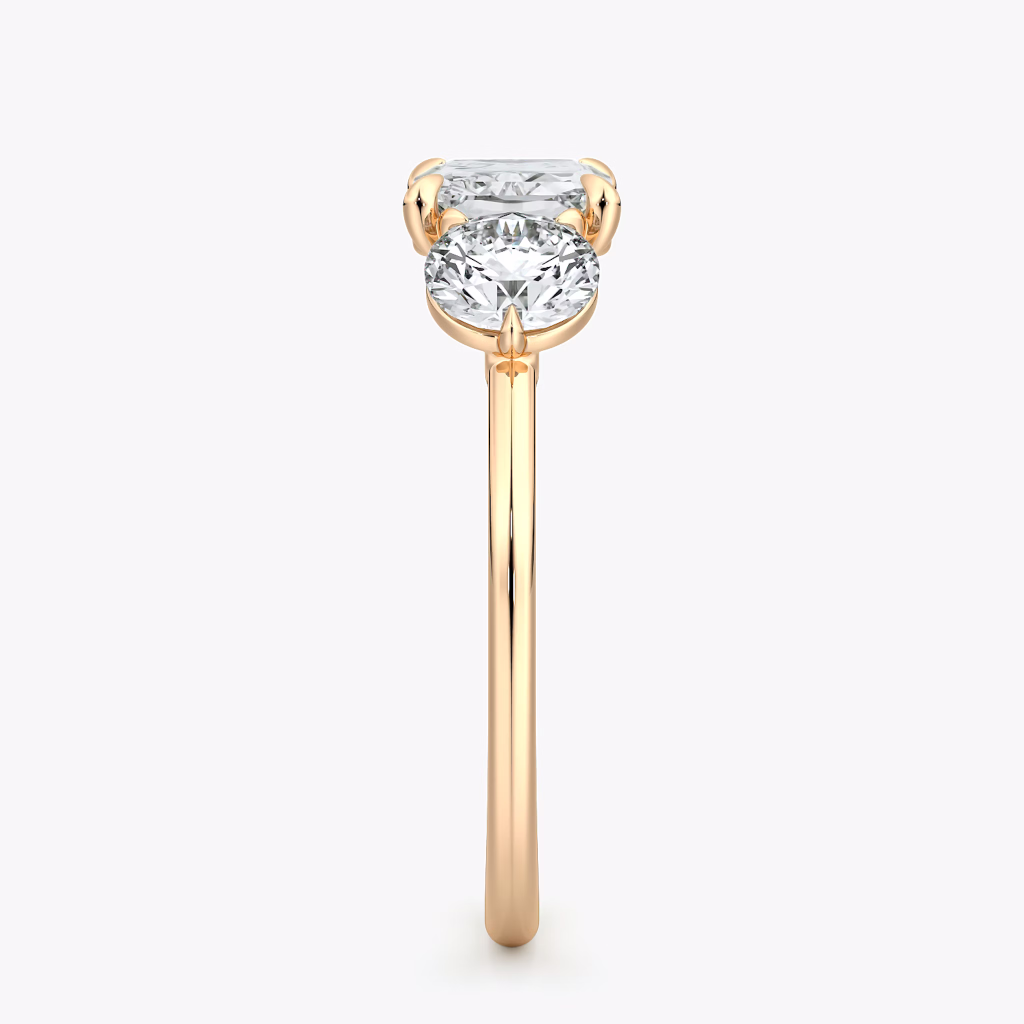 The Three Stone | Radiant | 14k | Rose Gold | bandAccent: Plain | diamondOrientation: horizontal | sideStoneCarat: 0.50ct | sideStoneShape: Round Brilliant | caratWeight: other