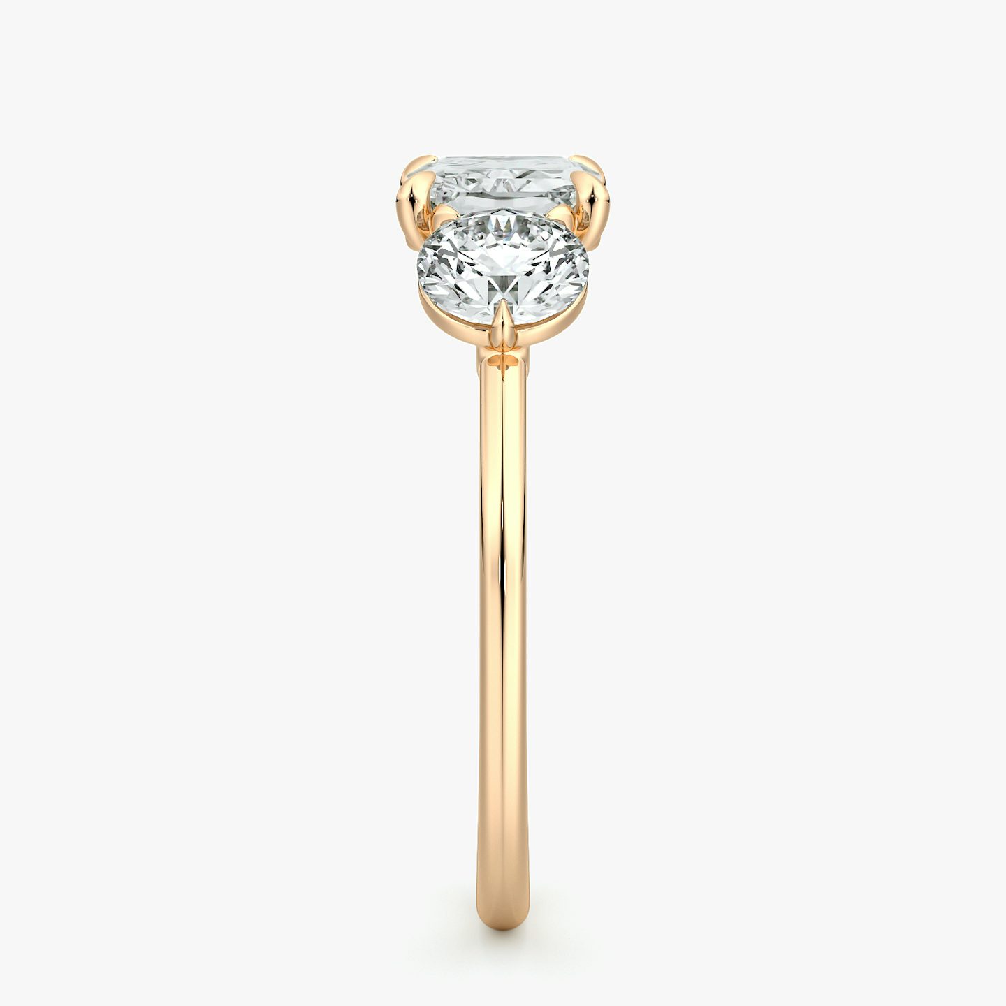 The Three Stone | Radiant | 14k | Rose Gold | bandAccent: Plain | diamondOrientation: horizontal | sideStoneCarat: 0.50ct | sideStoneShape: Round Brilliant | caratWeight: other