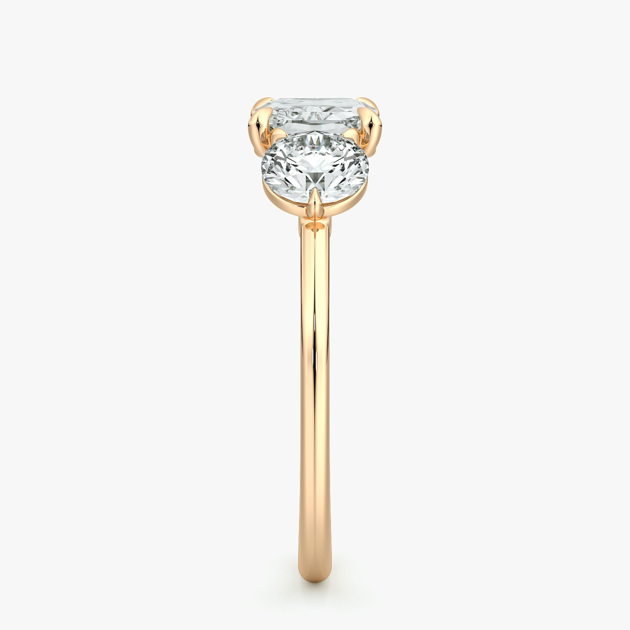 The Three Stone | Radiant | 14k | Rose Gold | bandAccent: Plain | diamondOrientation: horizontal | sideStoneCarat: 0.50ct | sideStoneShape: Round Brilliant | caratWeight: other