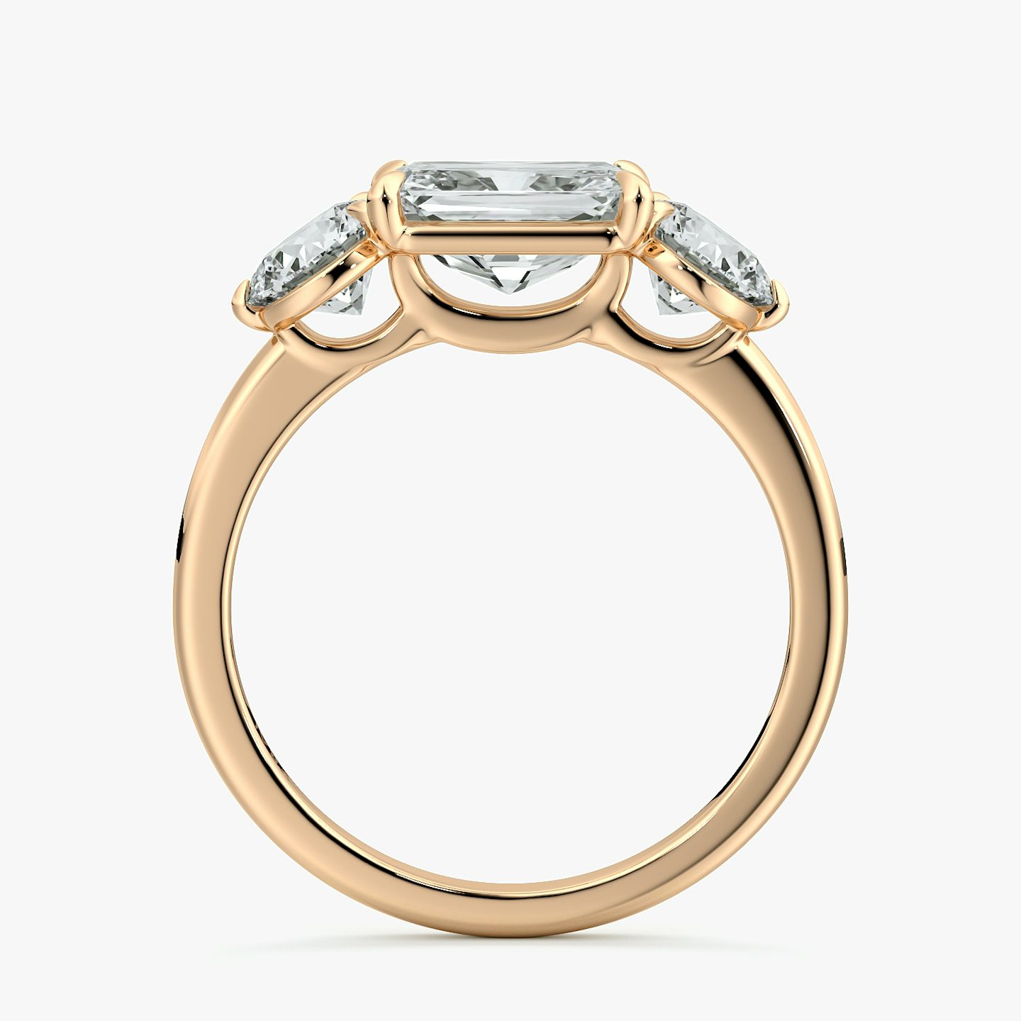 The Three Stone | Radiant | 14k | Rose Gold | bandAccent: Plain | diamondOrientation: horizontal | sideStoneCarat: 0.50ct | sideStoneShape: Round Brilliant | caratWeight: other