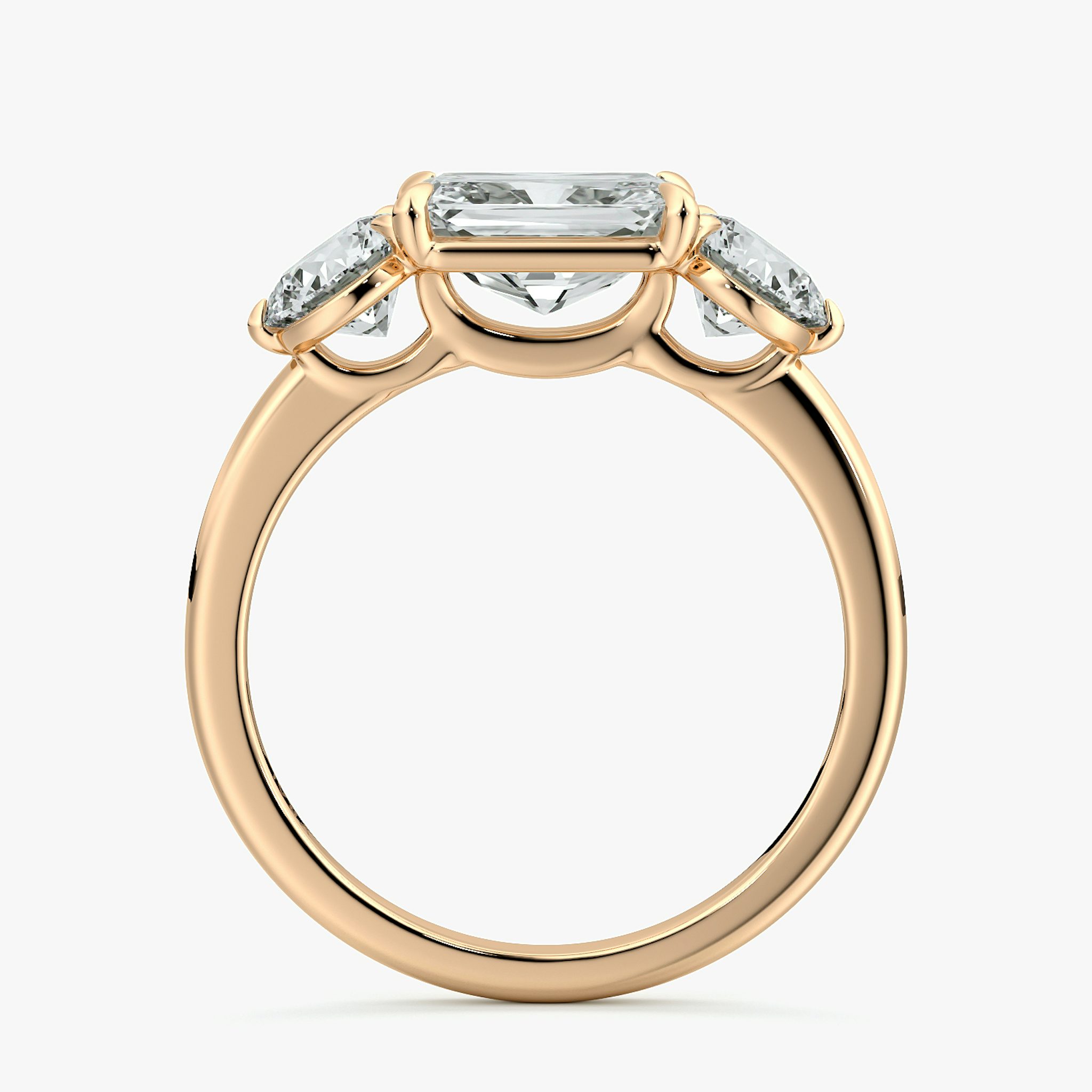 The Three Stone | Radiant | 14k | Rose Gold | bandAccent: Plain | diamondOrientation: horizontal | sideStoneCarat: 0.50ct | sideStoneShape: Round Brilliant | caratWeight: other