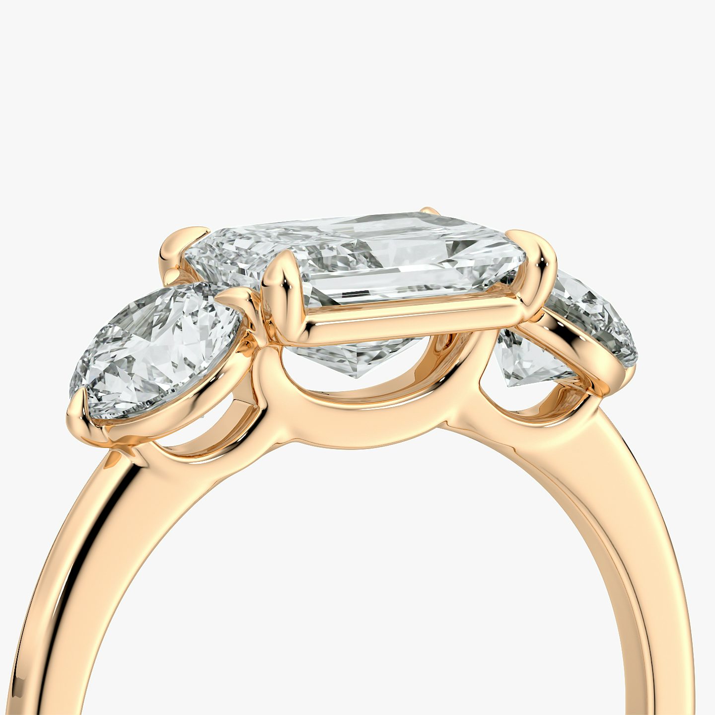 The Three Stone | Radiant | 14k | Rose Gold | bandAccent: Plain | diamondOrientation: horizontal | sideStoneCarat: 0.50ct | sideStoneShape: Round Brilliant | caratWeight: other