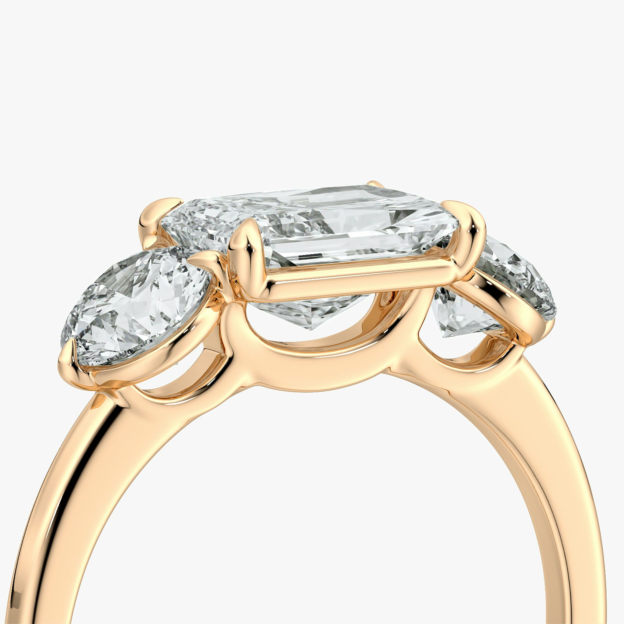 The Three Stone | Radiant | 14k | Rose Gold | bandAccent: Plain | diamondOrientation: horizontal | sideStoneCarat: 0.50ct | sideStoneShape: Round Brilliant | caratWeight: other