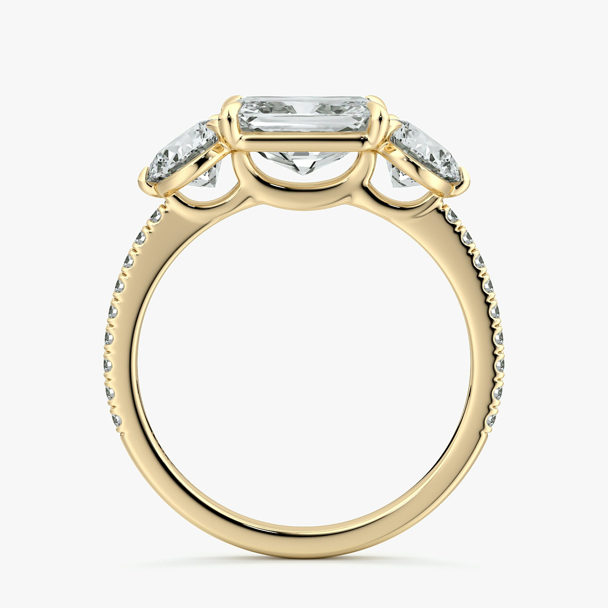 The Three Stone | Radiant | 18k | Yellow Gold | bandAccent: Pavé | diamondOrientation: horizontal | sideStoneCarat: 0.50ct | sideStoneShape: Round Brilliant | caratWeight: other