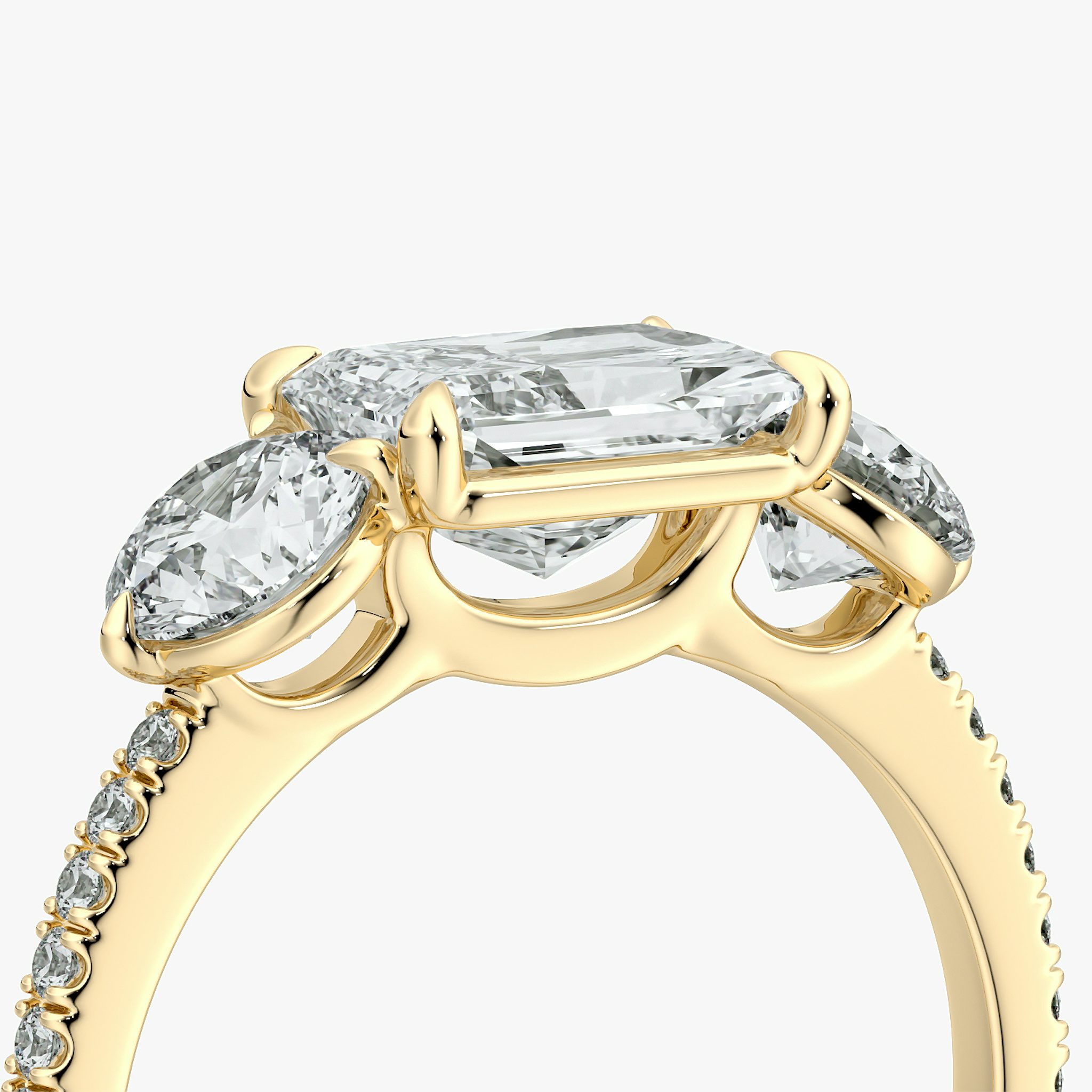 The Three Stone | Radiant | 18k | Yellow Gold | bandAccent: Pavé | diamondOrientation: horizontal | sideStoneCarat: 0.50ct | sideStoneShape: Round Brilliant | caratWeight: other